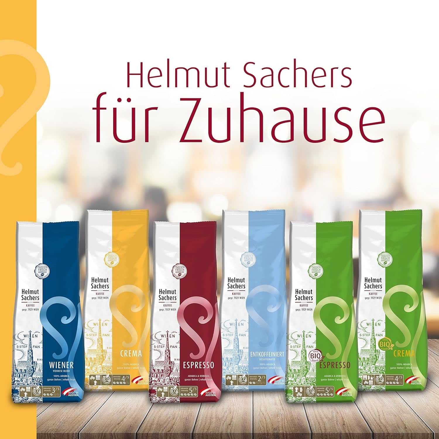 Helmut Sachers Koffie - Crème, Sterkte 4/5, 100% Arabica, hele koffiebonen, 6 x 500 g