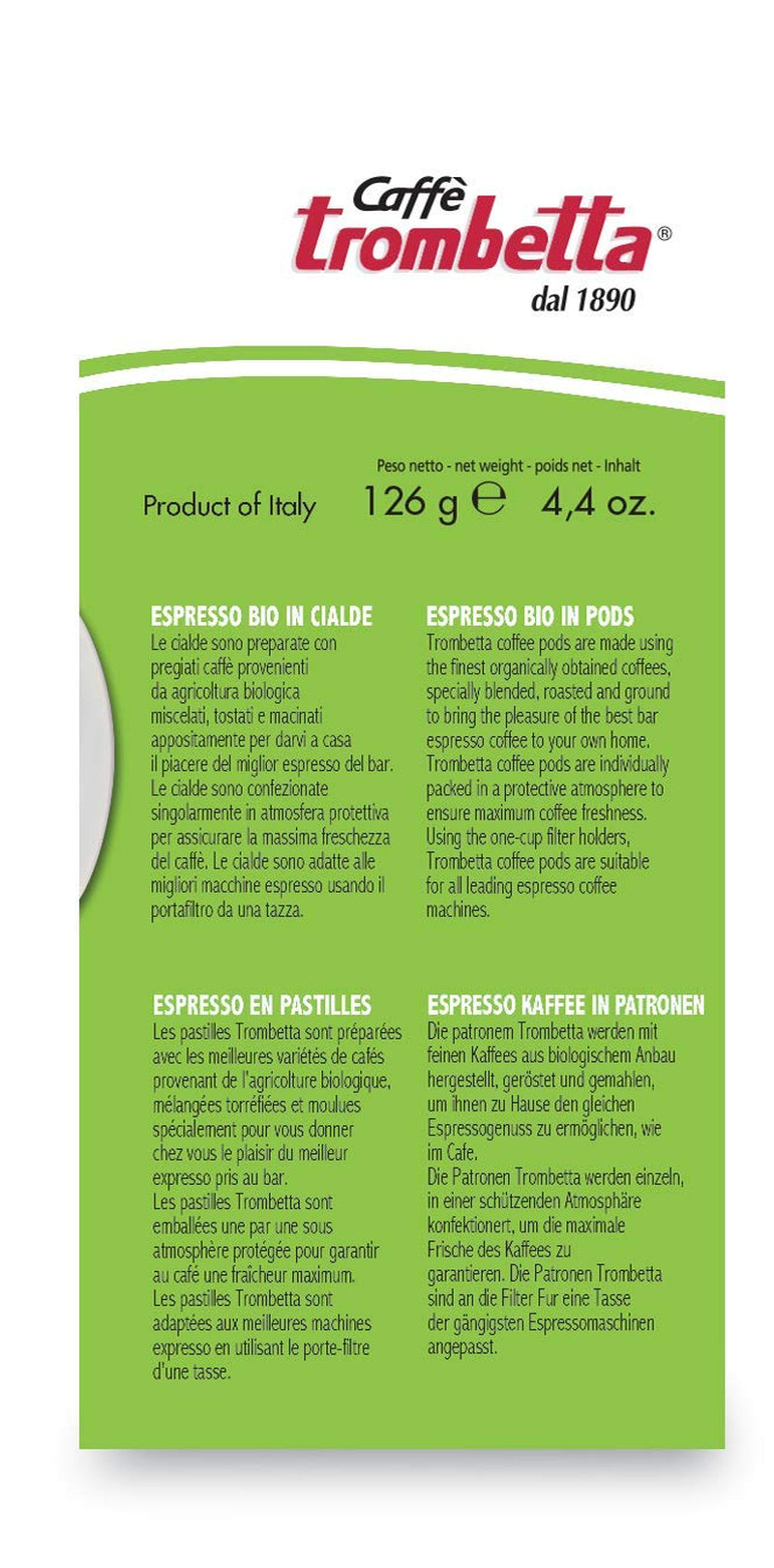 Caffè Trombetta ESE Kaffeepads, Italien Kaffee, Richhaltiges Aroma en samtiger Gesmack Biologisch - 1 Packungen van je 18 Kaffeepads