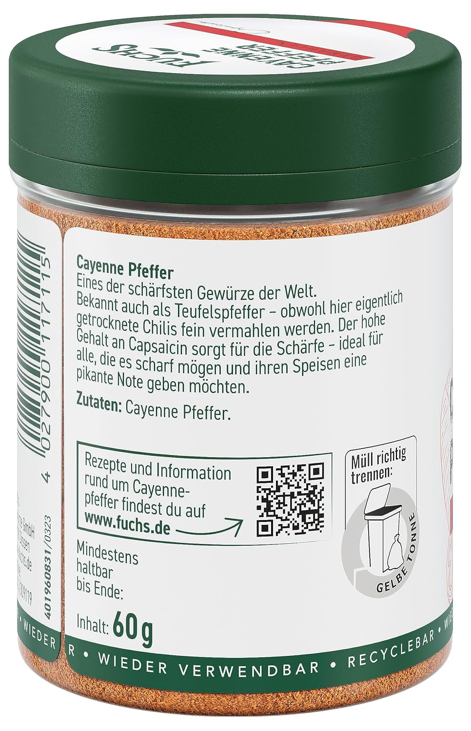 Fuchs Gewürze - Cayennepeper gemahlen - voor einen scharfen Geschmack in allerlei gerechten - natuurlijke ingrediënten - 60 g in wiederverwendbarer, recyclebarer Dosis