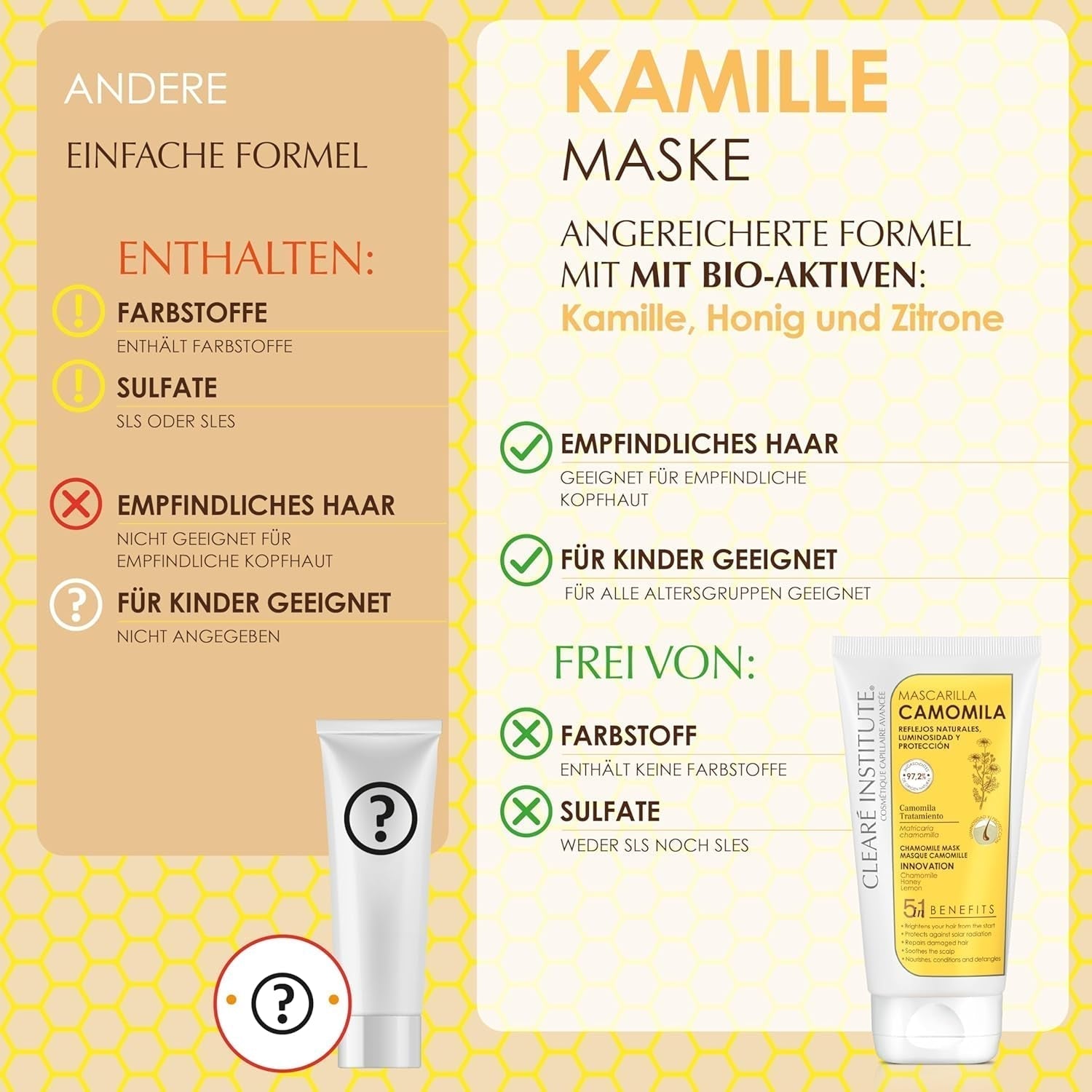 Clearé Instituut | Kamillemasker | Voedt, conditioneert en ontwart | Gouden glans en glans | 97% natuurlijke ingrediënten | Verzacht de hoofdhuid Met kamille-extract |150 ml Naty Shop haarmasker