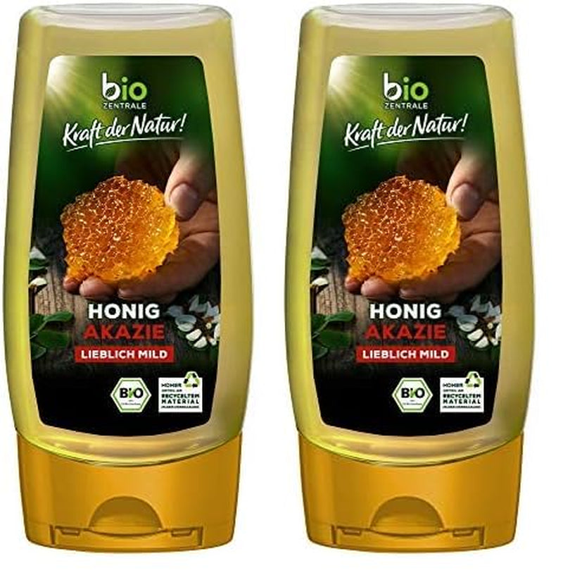 Biozentrale Biologische acaciahoning | 350 g Biologische honing van witte acaciabloemen | Ideaal als spread Biologische honing voor thee | Alternatief voor honingraathoning (2-pack)