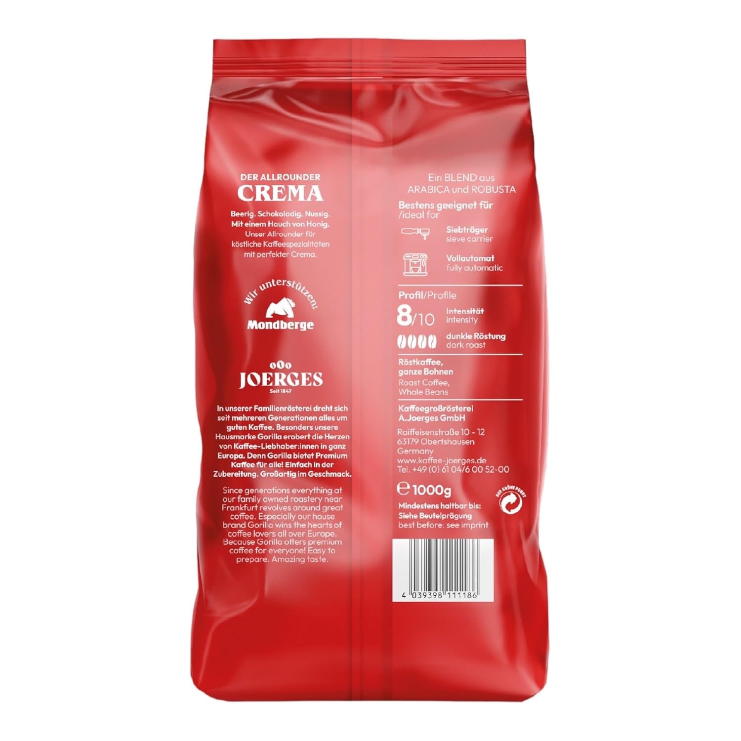 Joerges Espresso Gorilla Super Bar Crema koffiebonen, pak van 5 (5 x 1 kg)
