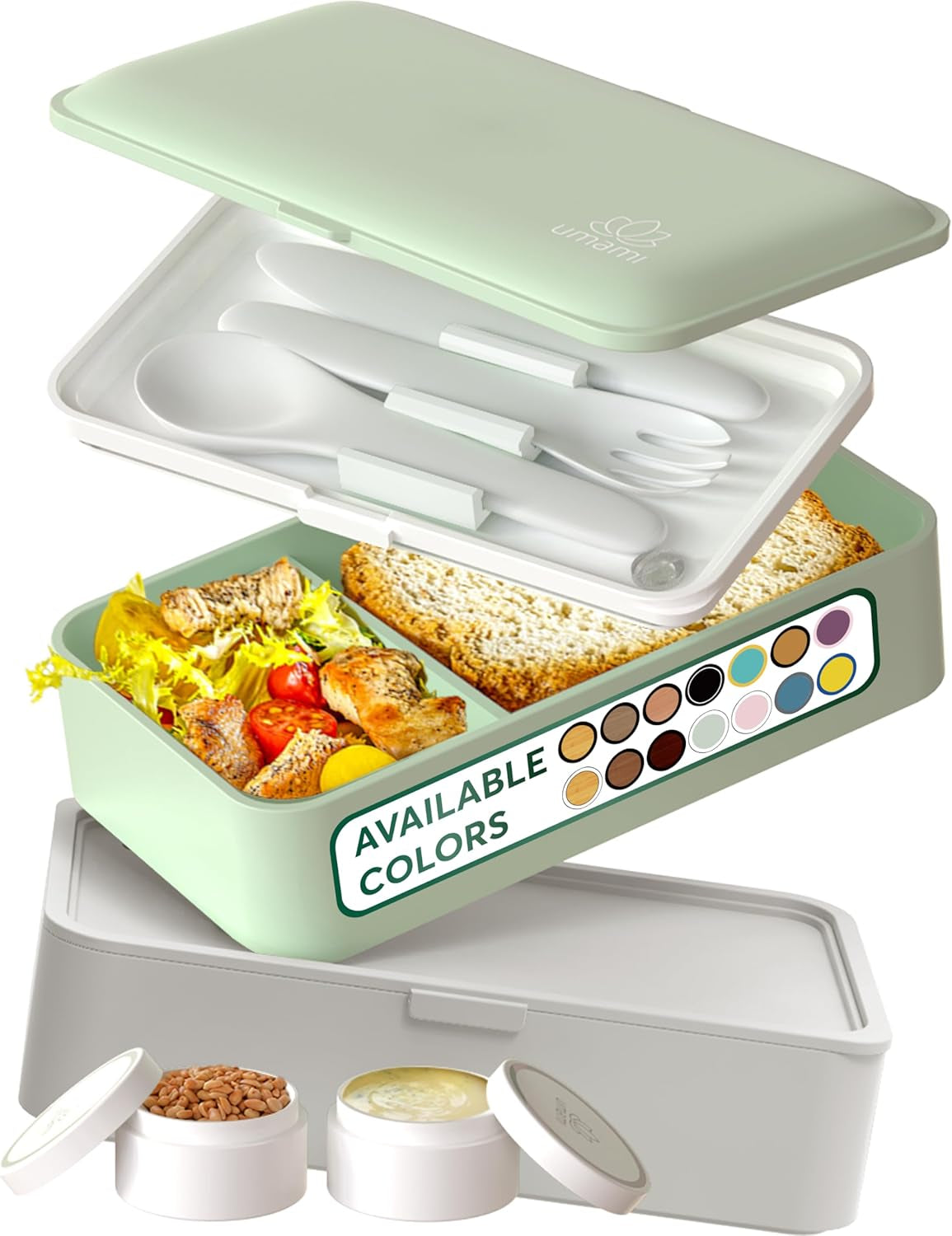 Umami lunchbox voor volwassenen, lekvrije stapelbare bentobox met 4 bestek en vakken, lunchbox voor volwassenen, saladecontainer voor onderweg, picknick-/kantoorlunchbox, houtskoolgrijs, 1500 ml