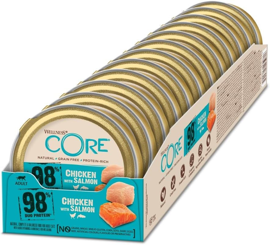 Wellness CORE 98% 12 x 85g, Kip en Zalm - Nat kattenvoer, dikke paté, graanvrij, natuurlijk, hypoallergeen, rijk aan eiwitten, rijk aan vlees