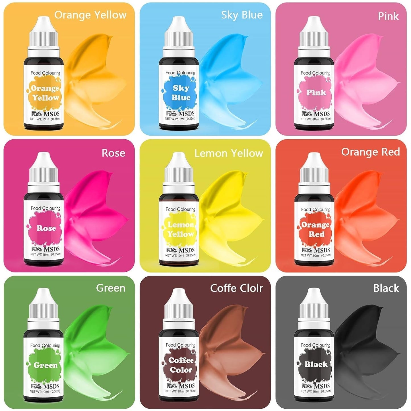 Kleurstof voor levensmiddelen 9 x 10 ml, vloeibare kleurstof voor levensmiddelen - kleurstofset voor het versieren van taarten, macarons, donuts, fudge, glazuur, doe-het-zepen, ijs, zeepkleurstof, spuitpistoolkleurstof
