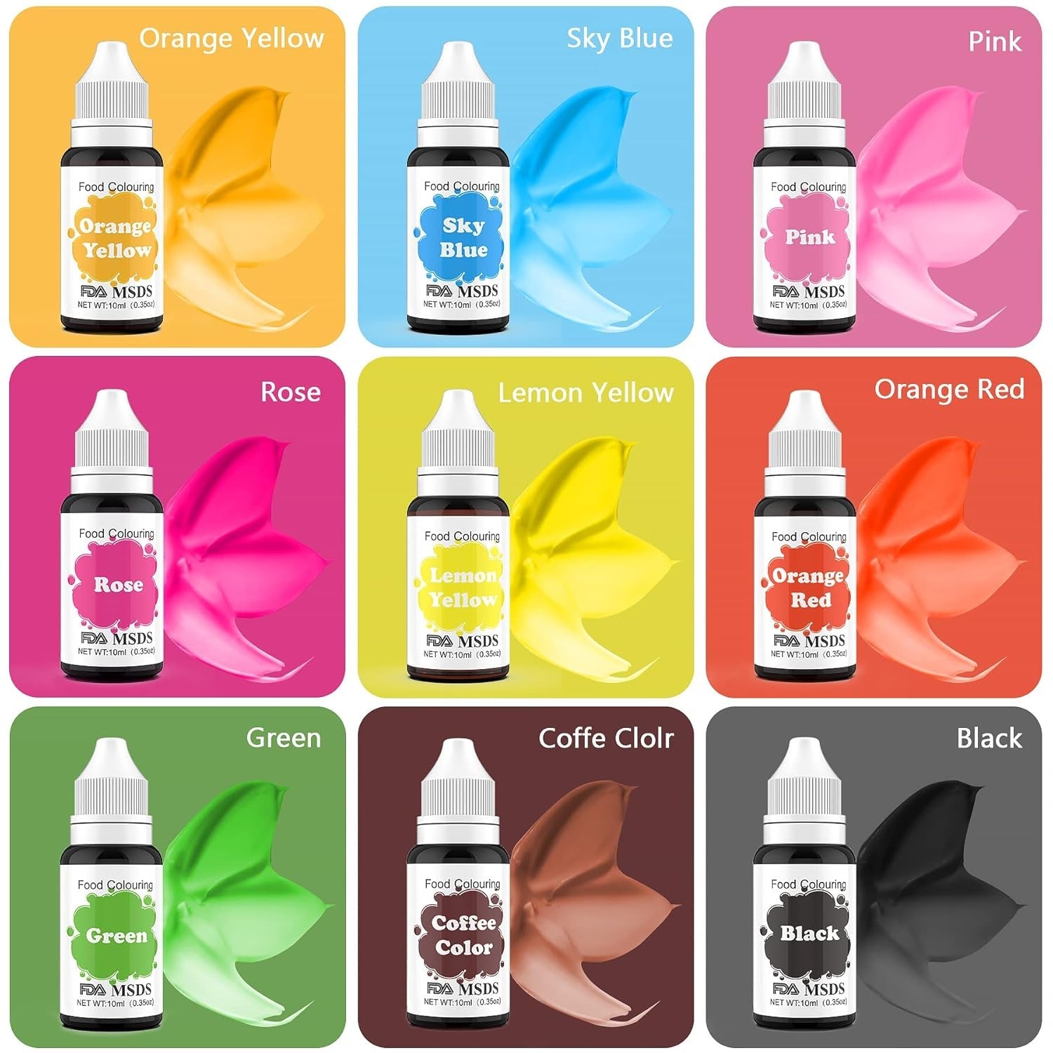 Kleurstof voor levensmiddelen 9 x 10 ml, vloeibare kleurstof voor levensmiddelen - kleurstofset voor het versieren van taarten, macarons, donuts, fudge, glazuur, doe-het-zepen, ijs, zeepkleurstof, spuitpistoolkleurstof