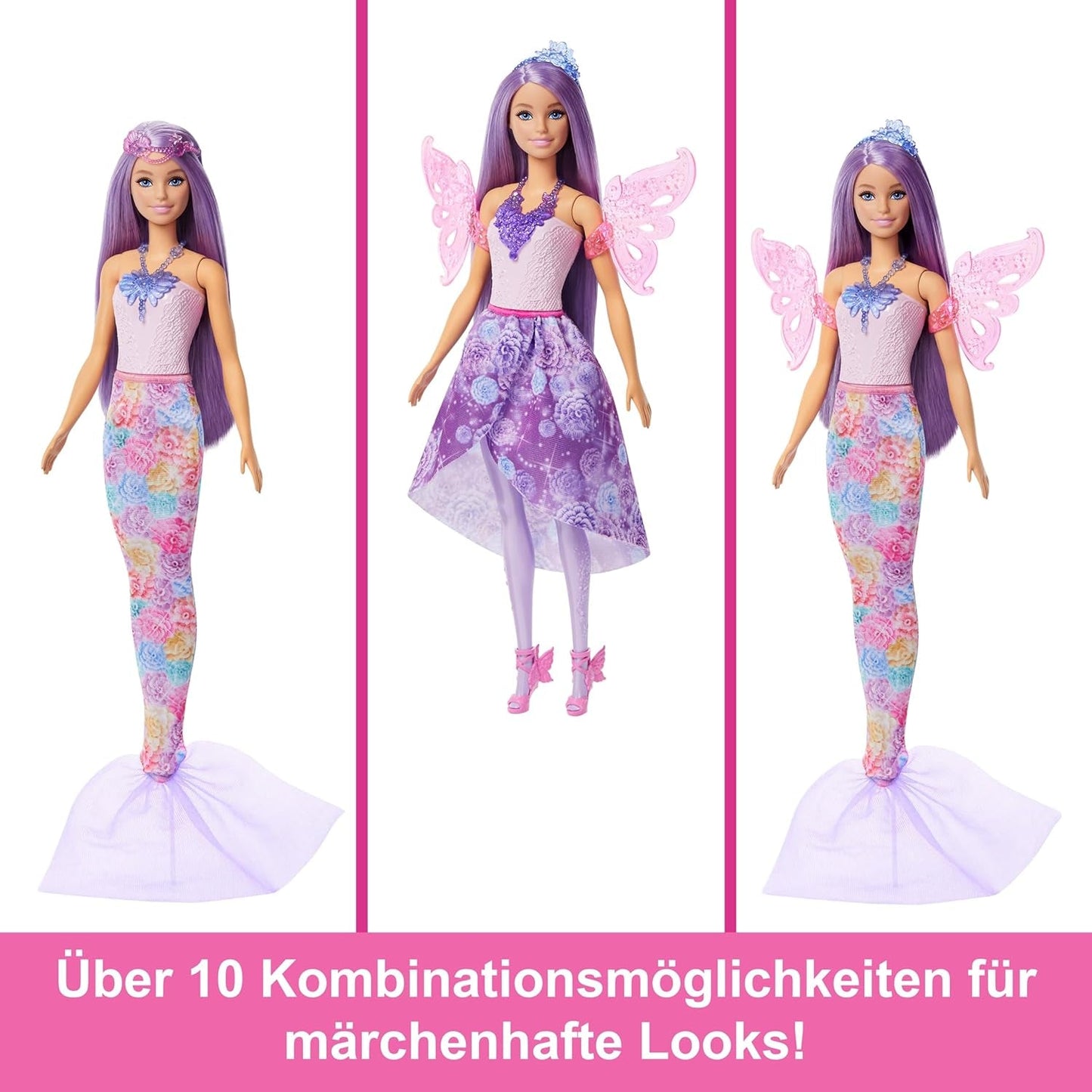 Barbie 3-in-1 speelset met 8 accessoires, waaronder zeemeerminstaart, sprookjesvleugels, koninklijke kettingen, schoenen en meer voor 10+ verschillende looks, JCP74