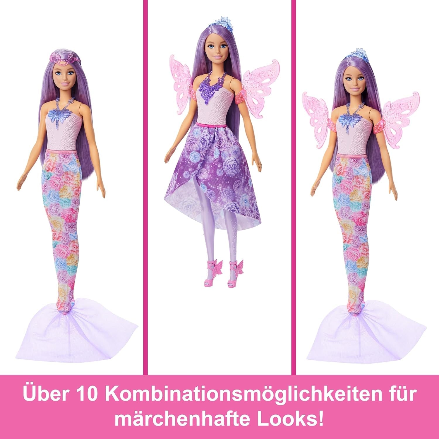 Barbie 3-in-1 speelset met 8 accessoires, waaronder zeemeerminstaart, sprookjesvleugels, koninklijke kettingen, schoenen en meer voor 10+ verschillende looks, JCP74