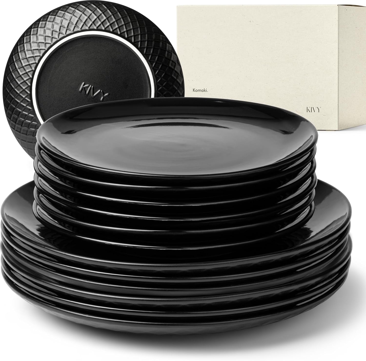 KIVY Geschirrset 6 Personen[Kratz & Spülmaschinenfest] 6x27cm + 6x22cm - Tellerset 12-teilig modern - Geschirrset - Kombiservice - Geschirrset - Tellerset Schwarz - Teller Schwarz Matt