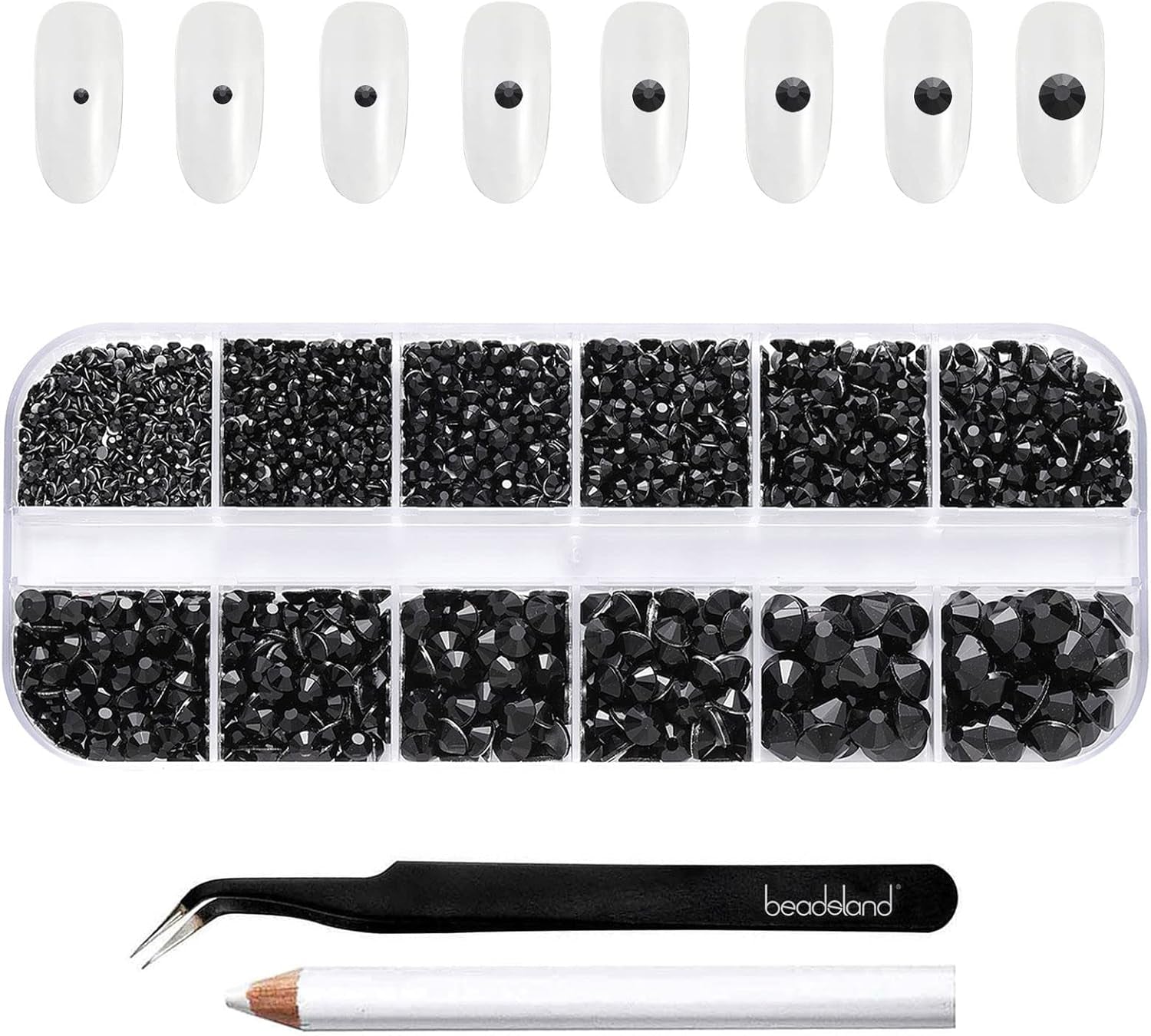 Beadsland 2500 stuks glas Nailart Strasssteine ​​Kristall Flatback Edelsteine ​​Runde, voor handwerk Gemischt 8 Größen SS4 ~ SS30 Mit Picking Pinzette en Stift (Kristall Weiss)