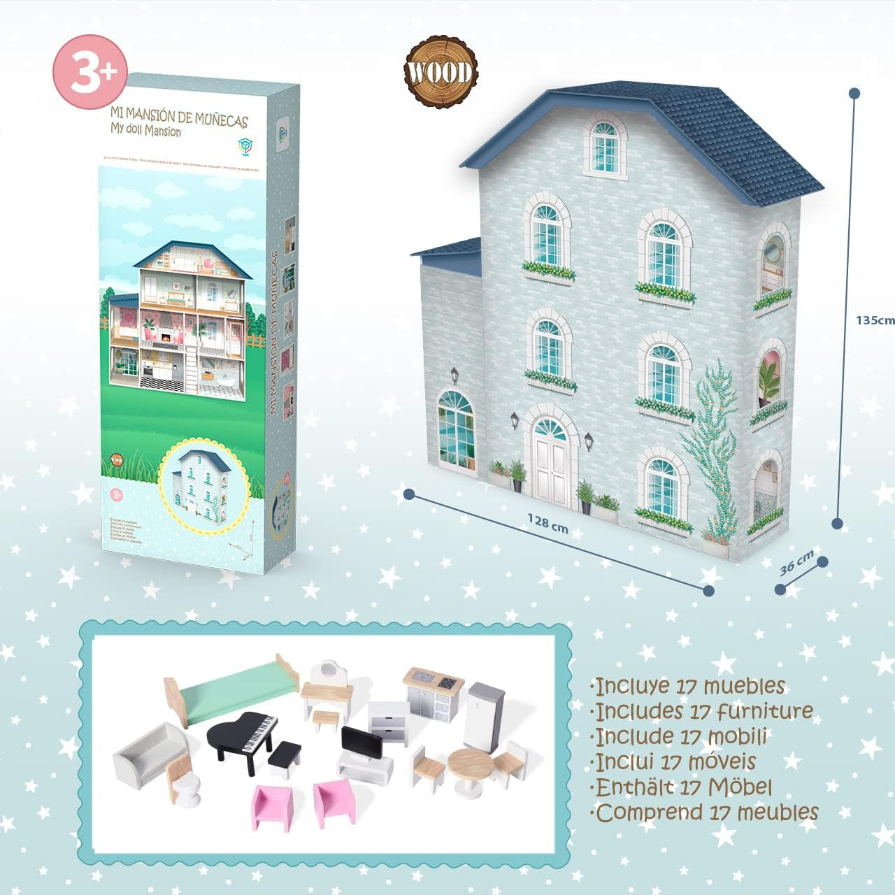 Deqube 913D00016 Houten poppenhuis, 4 verdiepingen, Premium