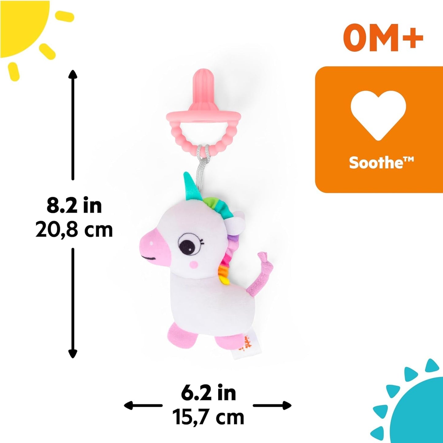 Bright Starts SootheMate Pluche Fopspeen, Eenhoorn - Afneembare fopspeenvormige fopspeen voor pasgeborenen en oudere kinderen