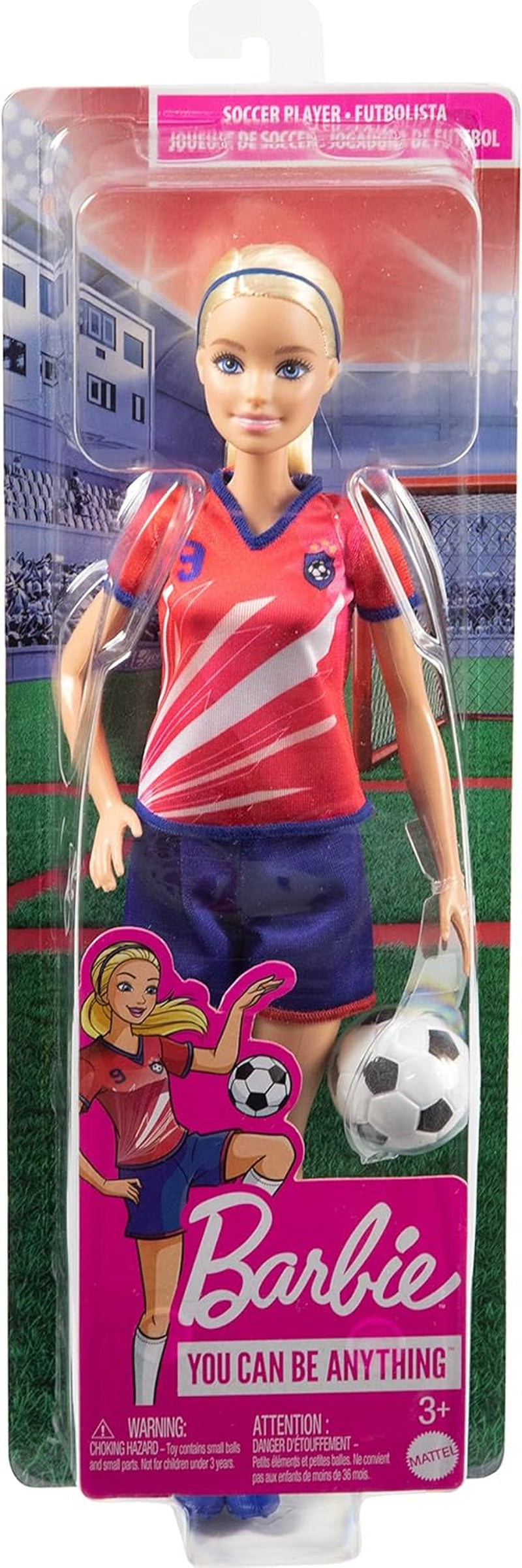 Barbie You Can Be Anything-serie, voetbalspeler, voetbalspeler met blond haar, rode en blauwe trui, bal, accessoires, pop inbegrepen, cadeau voor 3 jaar en ouder, HCN17