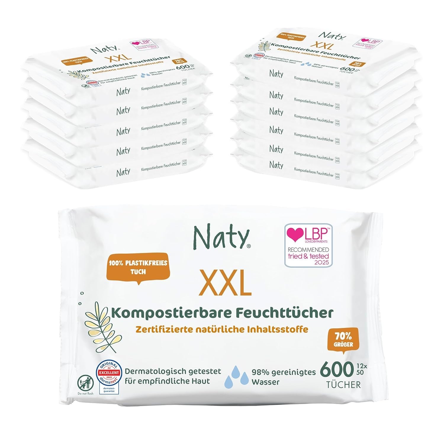 Naty Babydoekjes | 100% kruiden- en geurvrij voor de gevoelige huid | Plasticvrije en gecertificeerde composteerbare doekjes met 98% gezuiverd water | 672 doekjes (12 pakjes)