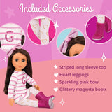 Glittermeisjes - Sarinia - Gelede modepop van 36 cm - Steil bruin haar en bruine ogen - Gestreepte tuniek en glitterlaarzen - 3 jaar +