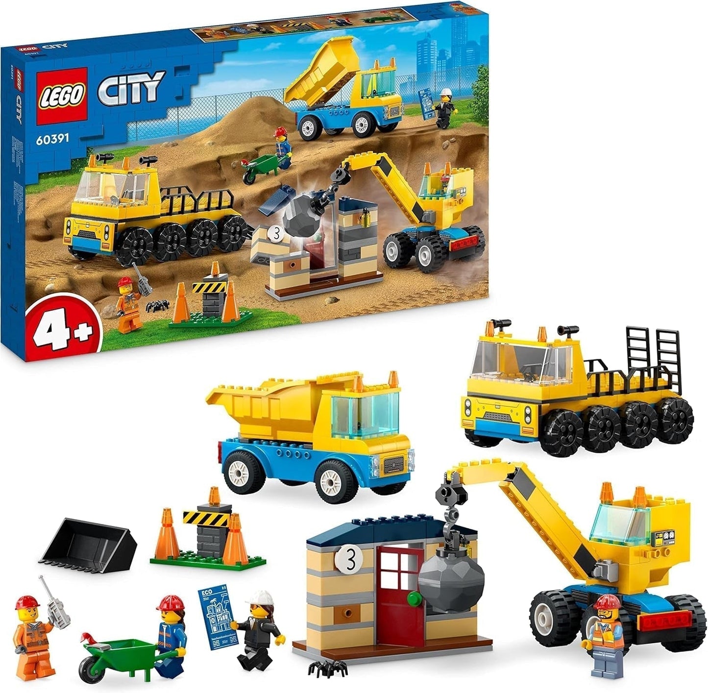 LEGO 60391 Stadsbouwvoertuigen en sloopkogelkraan, graafmachine, dumptruck en speelgoedtransportvoertuig, educatief speelgoed voor kinderen vanaf 4 jaar Bouwsets Besuche in LEGO-Store Single
