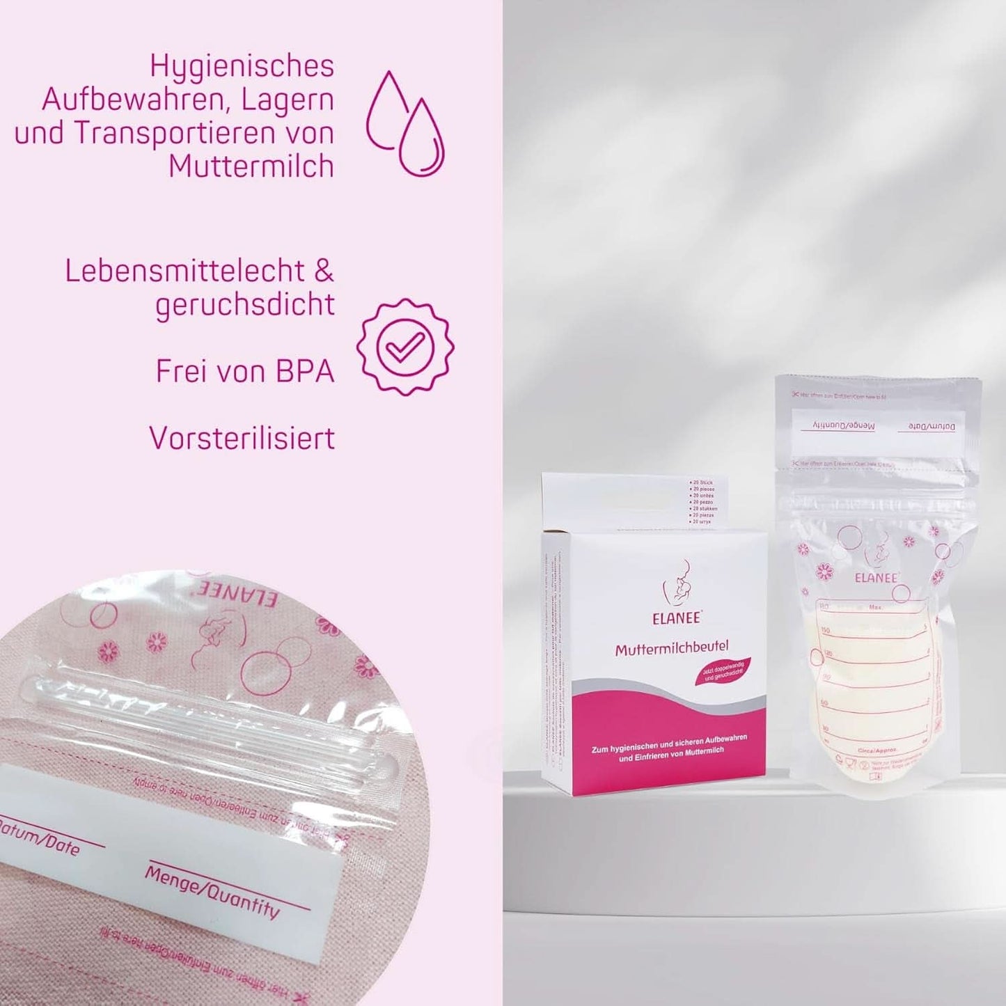 ELANEE Muttermilchbeutel, Aufbewahren & Einfrieren Von Muttermilch, Geschmackneutral Und Vorsterilisiert, Doppelter Sicherheitsverschluss, 20 Stück, Mit Standfuß (711-00) Accessoires voor babyvoeding en borstvoeding Naty Shop
