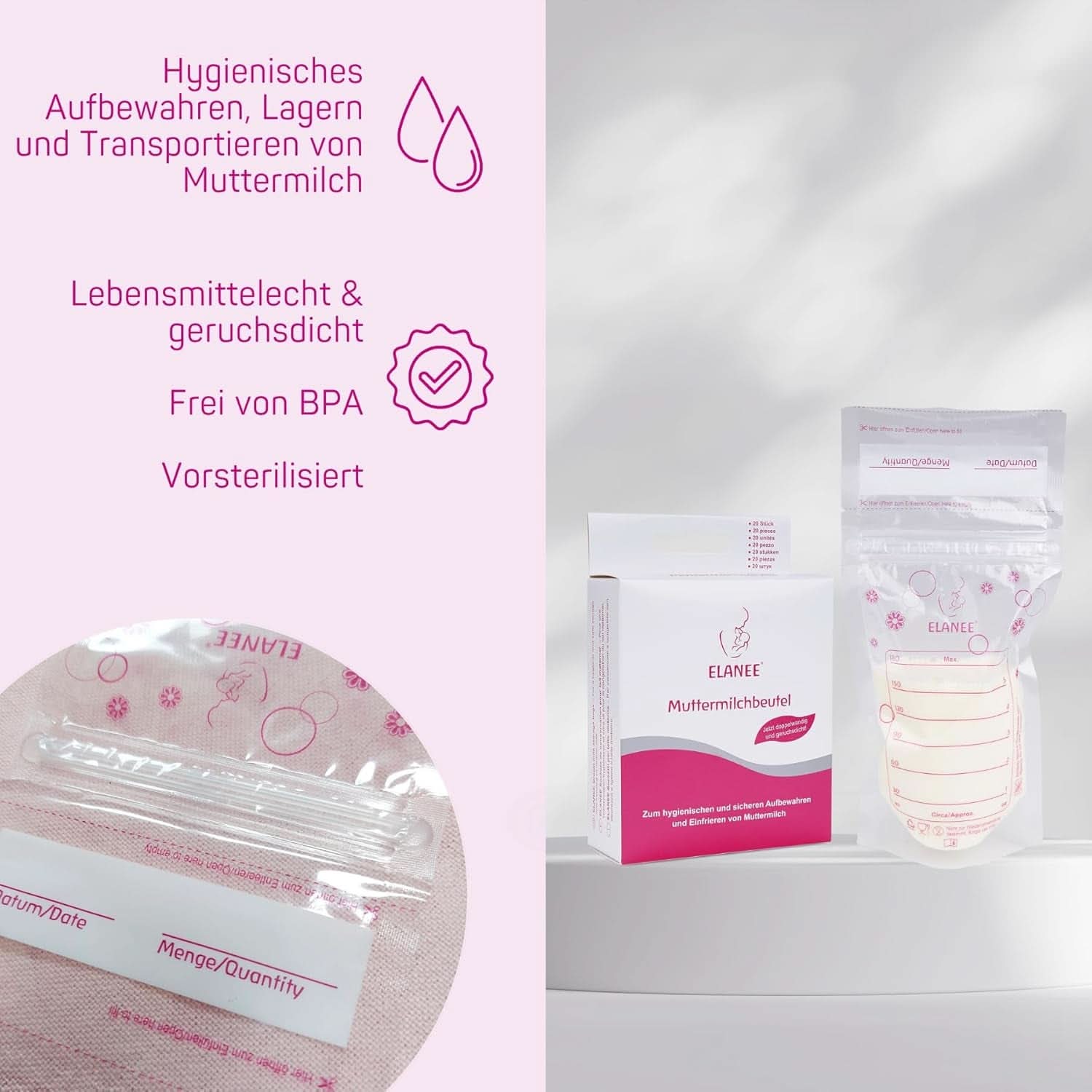 ELANEE Muttermilchbeutel, Aufbewahren & Einfrieren Von Muttermilch, Geschmackneutral Und Vorsterilisiert, Doppelter Sicherheitsverschluss, 20 Stück, Mit Standfuß (711-00) Accessoires voor babyvoeding en borstvoeding Naty Shop