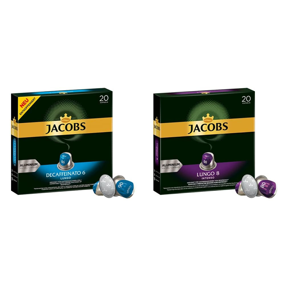 Jacobs Kaffeekapseln Lungo Decaffeinato- Intensität 6, 10er Pack, 10 x 20 Getränke & Kaffeekapseln Lungo Intenso, Intensität 8 van 12, 200 Nespresso®* compatibel Kapseln, 10 x 20 Getränke