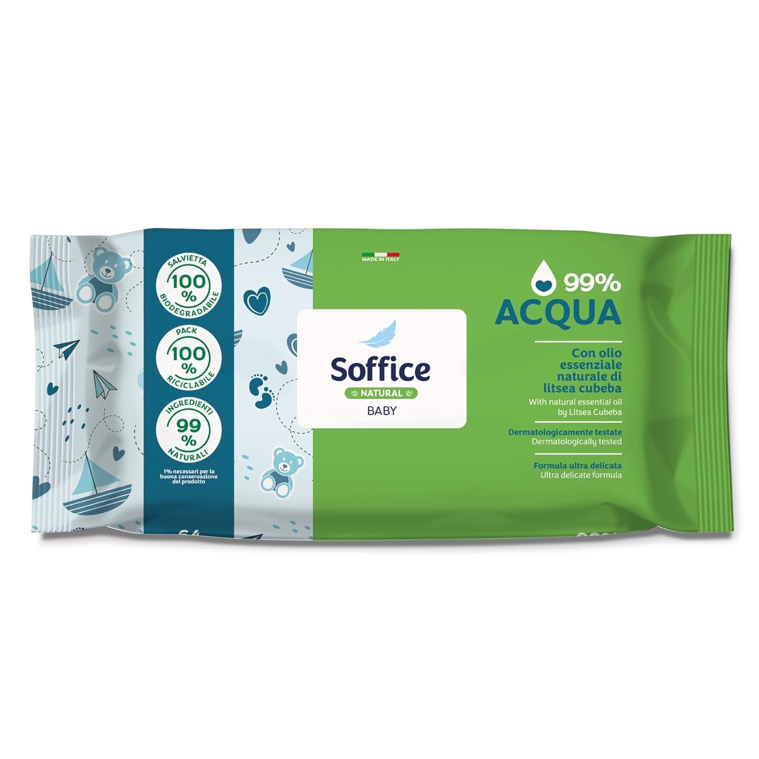 Natuurlijk reinigende vochtige doekjes voor baby's, 99% water, zeer delicate formule voor de dagelijkse hygiëne van kinderen en pasgeborenen - 12 verpakkingen van 64 doekjes