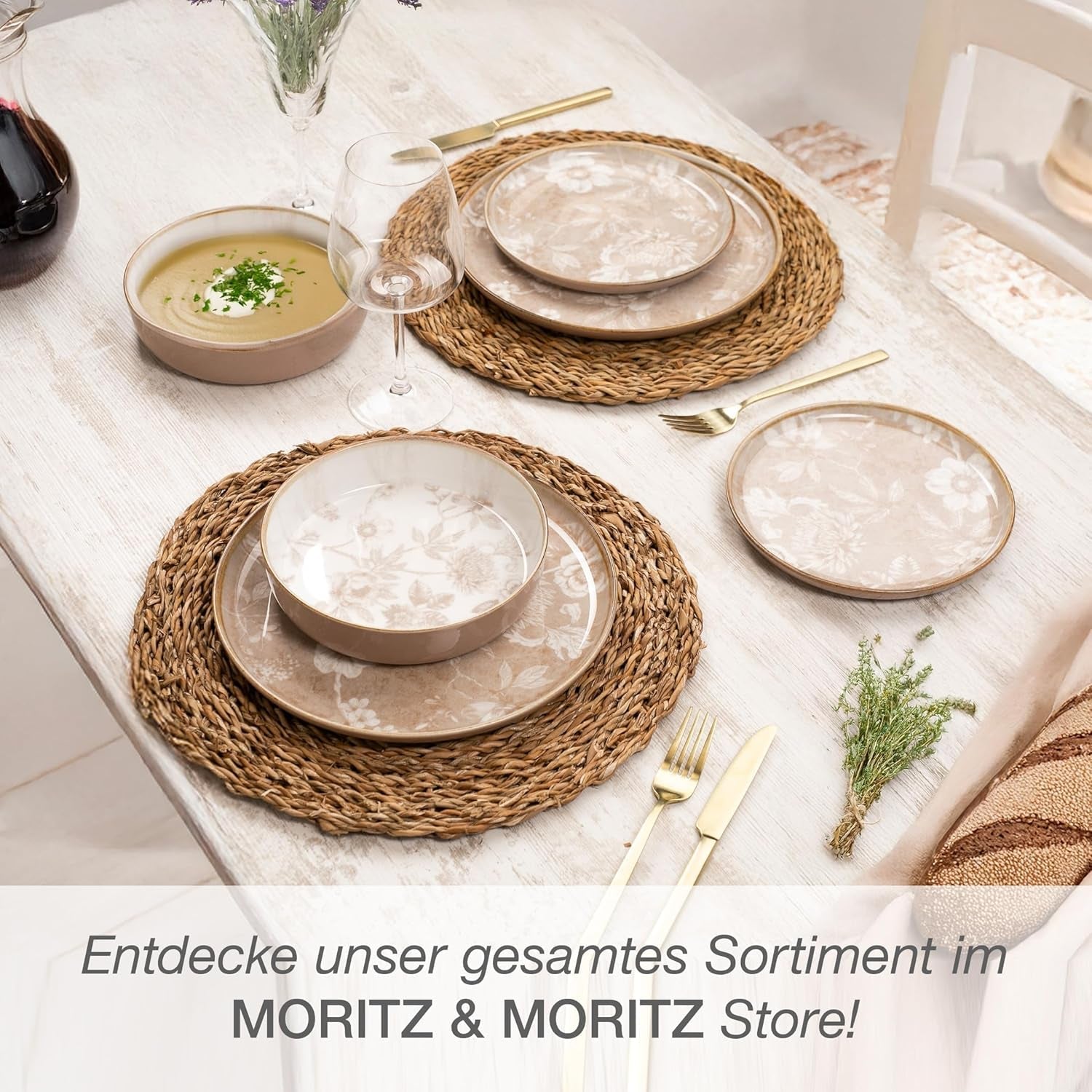 Moritz & Moritz MARIELLA 6-persoons 24-delige steengoed serviesset - Modern beige servies met speels design, onderhoudsvriendelijk koffieservies met borden, schalen en kopjes - Combinatieset
