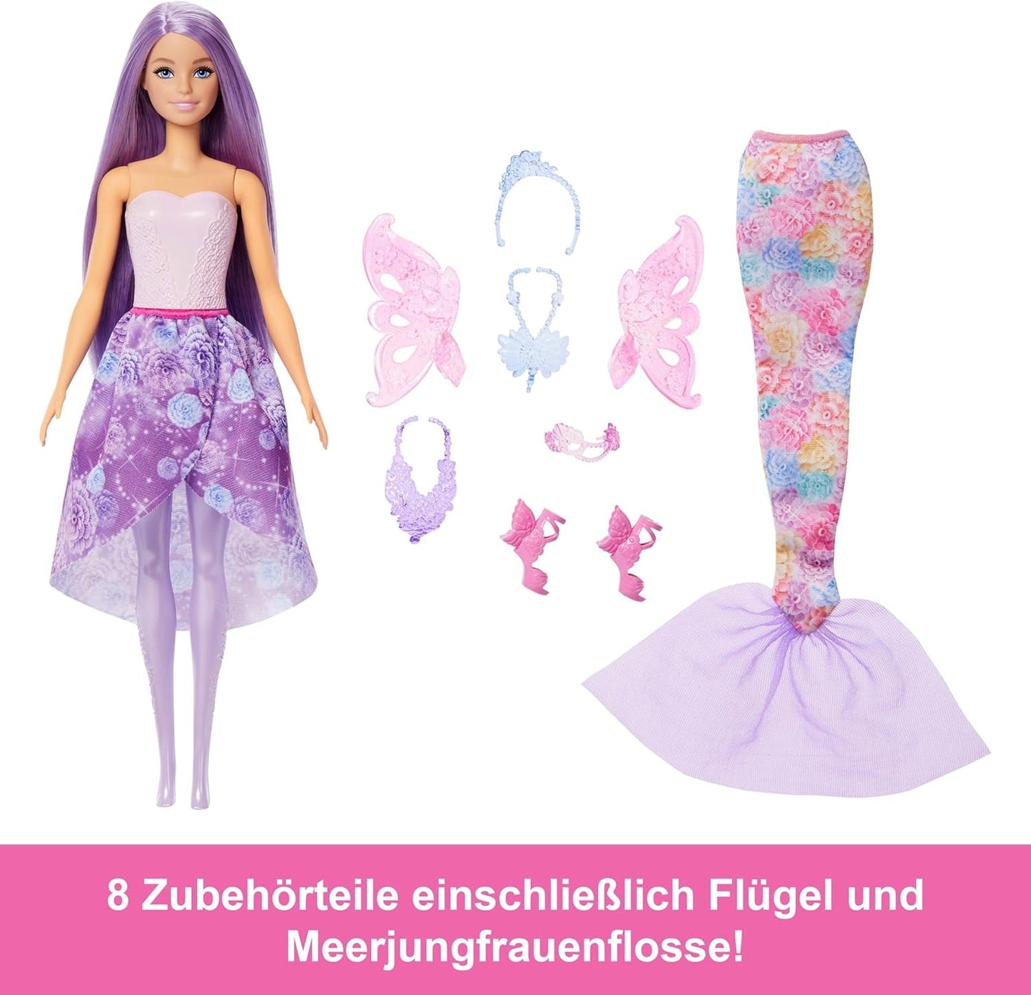 Barbie 3-in-1 speelset met 8 accessoires, waaronder zeemeerminstaart, sprookjesvleugels, koninklijke kettingen, schoenen en meer voor 10+ verschillende looks, JCP74