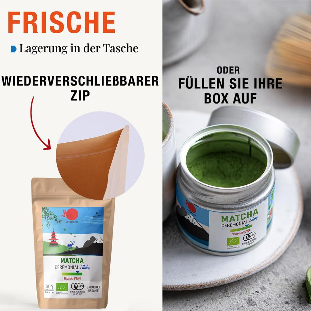 ORIGEENS BIO MATCHA CEREMONIAL GRADE "SHIKA" - Biologische Japanse thee van Shizuoka - Matcha Latte/Usucha - Navulzakje van 30 g - Ceremoniële kwaliteit biologische Matcha groene theepoeder