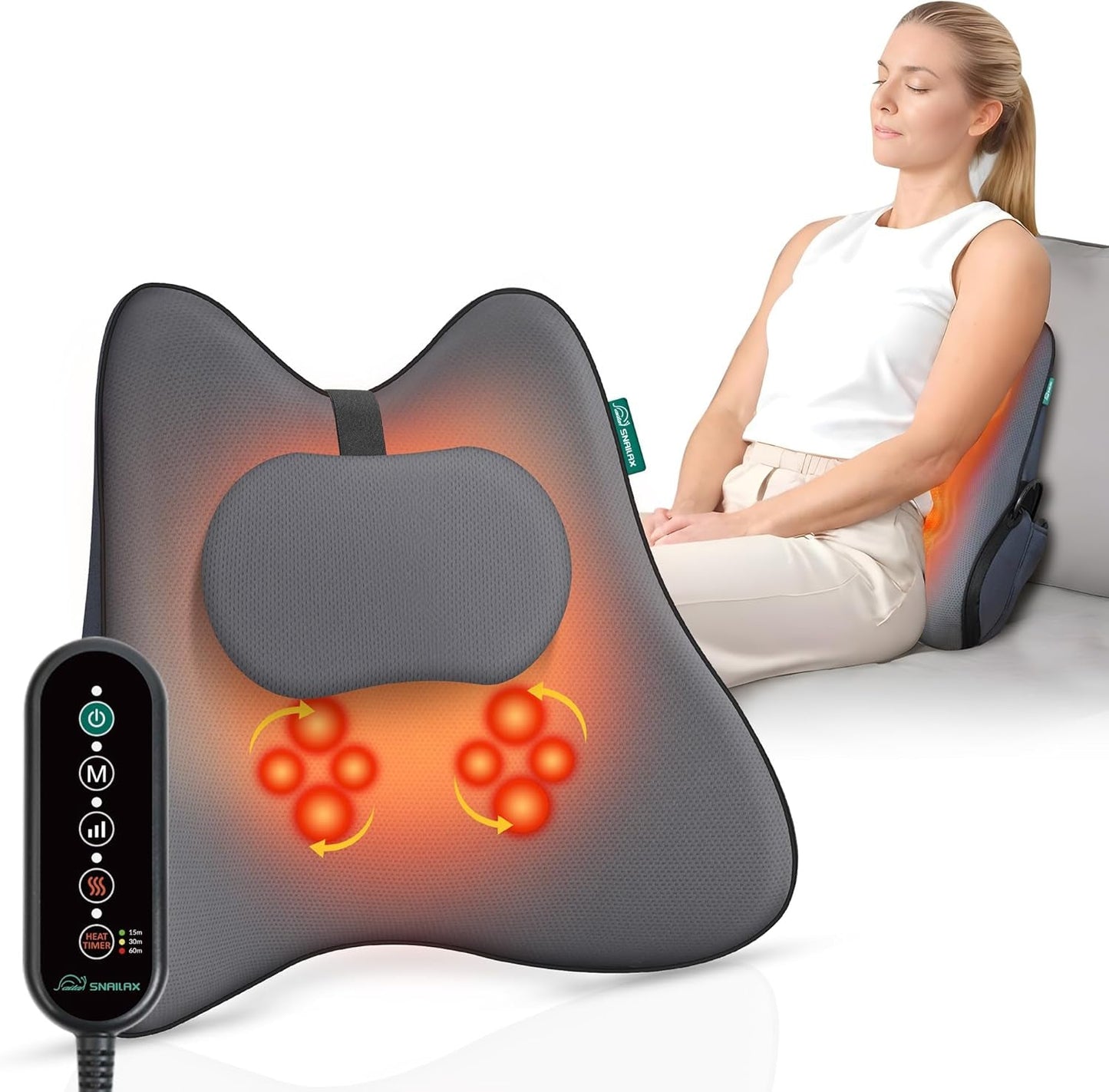 Snailax Ergonomisch lendensteunkussen met massage en warmte, shiatsu-rugkussen van traagschuim, zitkussen met 3 massage-intensiteiten | 2 warmteniveaus | 3 timers | comfortabele zithouding