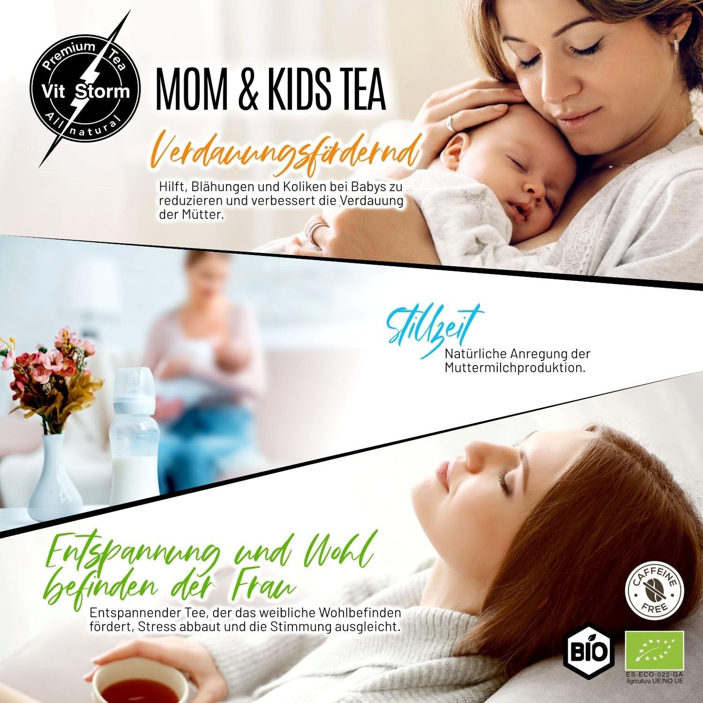 VITSTORM® BIO TEE Mom & Kids - Thee voor vrouwen en borstvoeding - Rooibos, appel, venkel, citroenmelisse, alchemilla, aardbei - Ontspannende thee - Fruitig en lekker - Cafeïnevrij - Kruidenthee 100 g