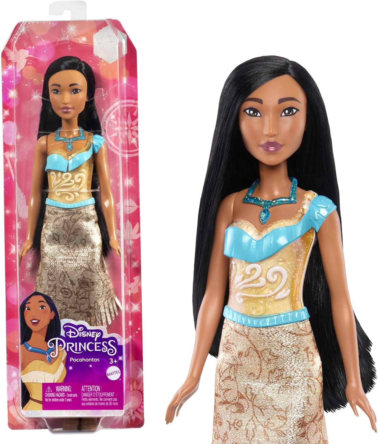 Mattel DISNEY Prinses Aurora - Pop met typische outfit, afneembare schoenen en tiara, sprankelend topje en afneembare rok met patroon, lang haar om te stylen, HLW09 Naty Shop Pocahontas-poppen