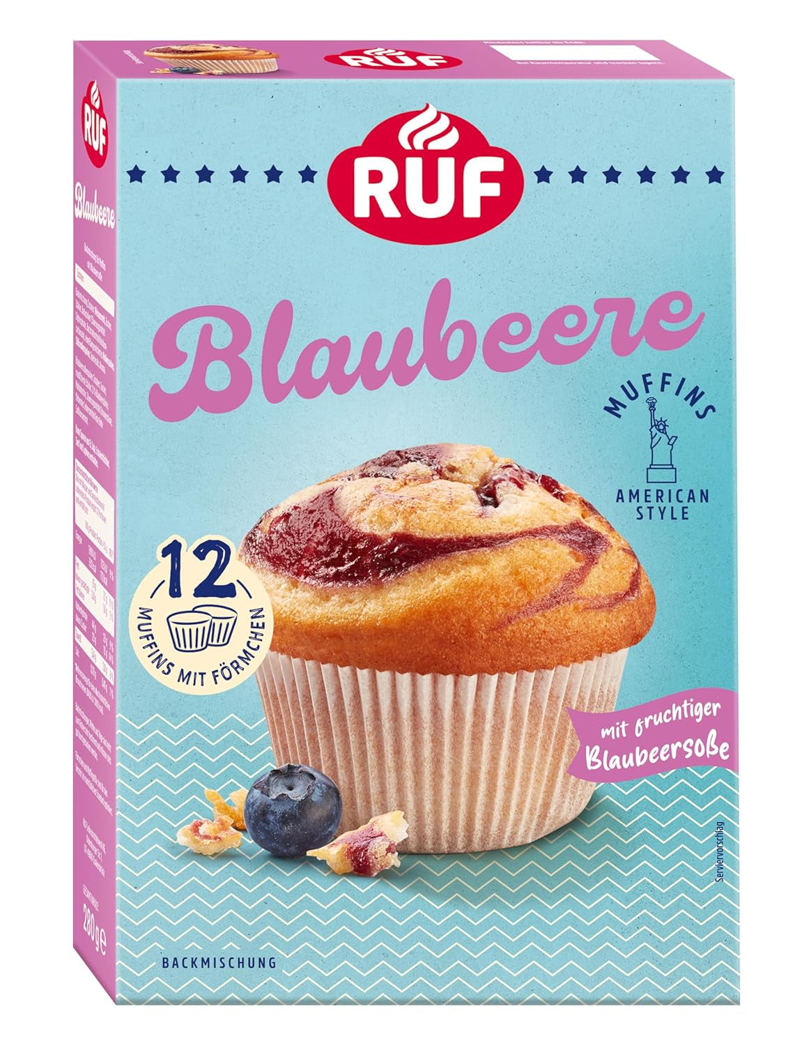 RUF Cheesecake-Muffins Backmischung, American Style Muffins Mit Cremiger Füllung, Einfache Zubereitung, 12 Muffin-Förmchen Inklusive Naty Shop Blaubeere 280 G (1Er Pack)