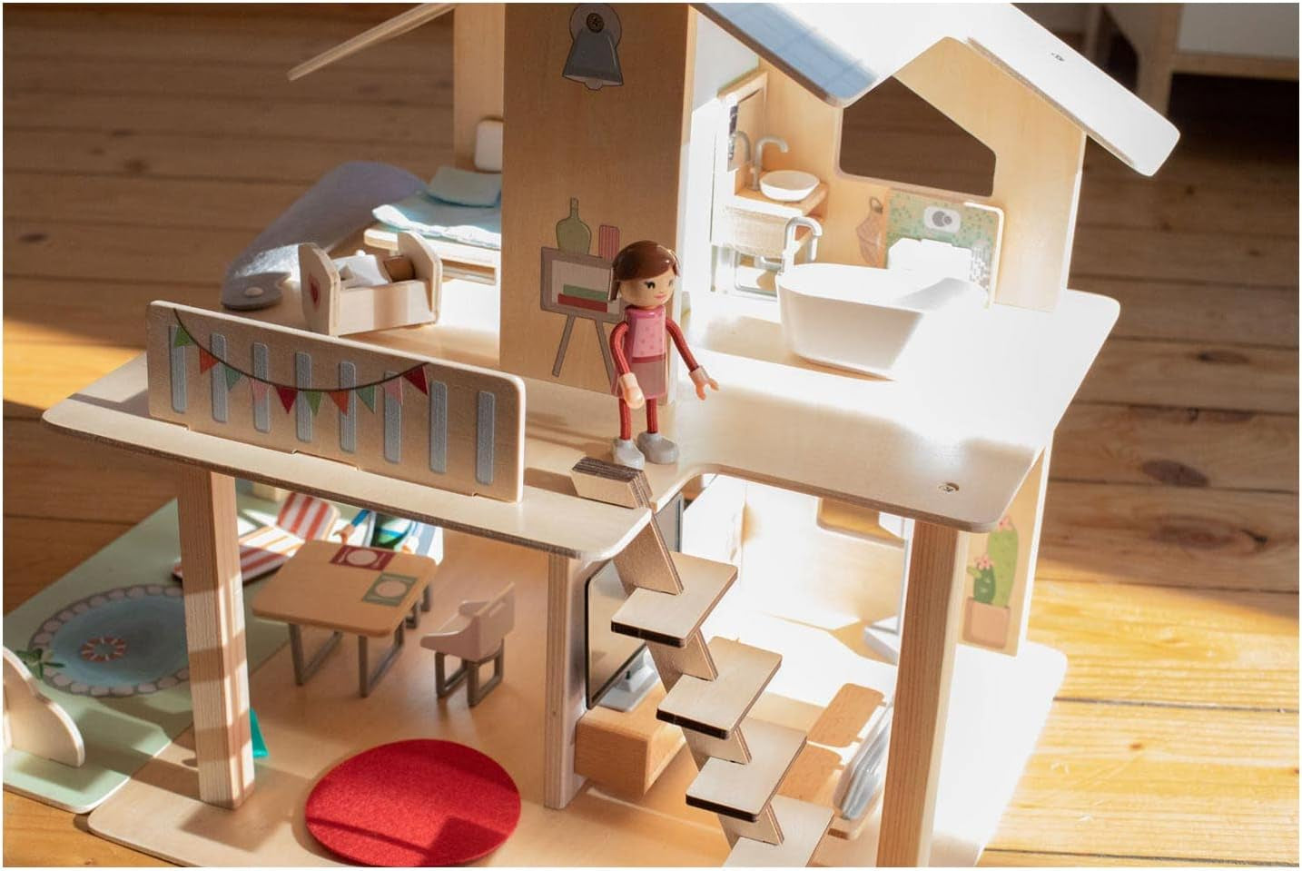 Eichhorn - Poppenhuis met accessoires - incl. meubilair en 3 figuren, ongemonteerd, houten, 25 stuks, 53x36x44 cm, vanaf drie jaar