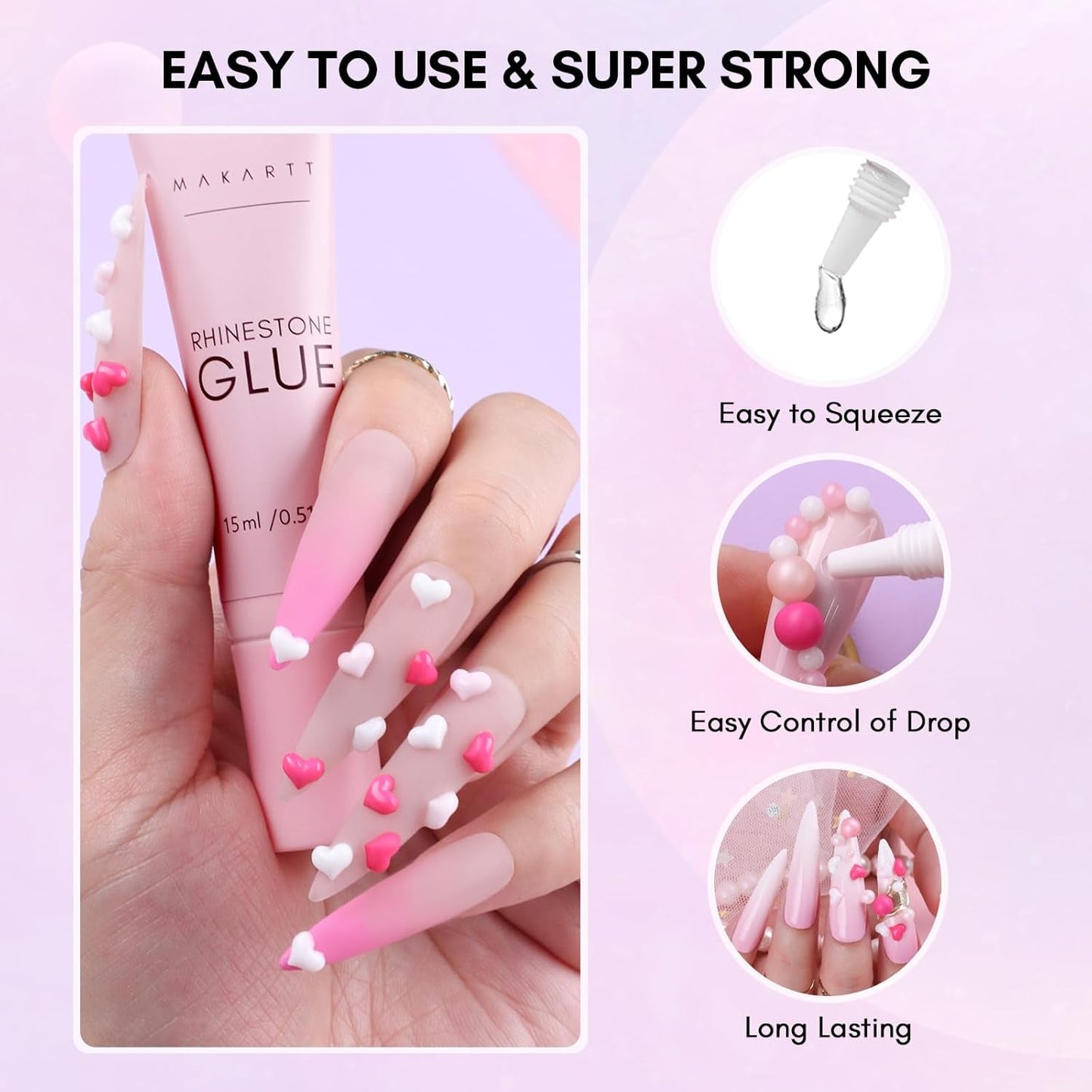 Makartt Strass zelfklevende gel - 15 ml UV-nagellijmset met roze nagelbedels Hartcirkel Nagelsieraden en nageldesignaccessoires voor thuismanicure Valentijnsdagcadeau