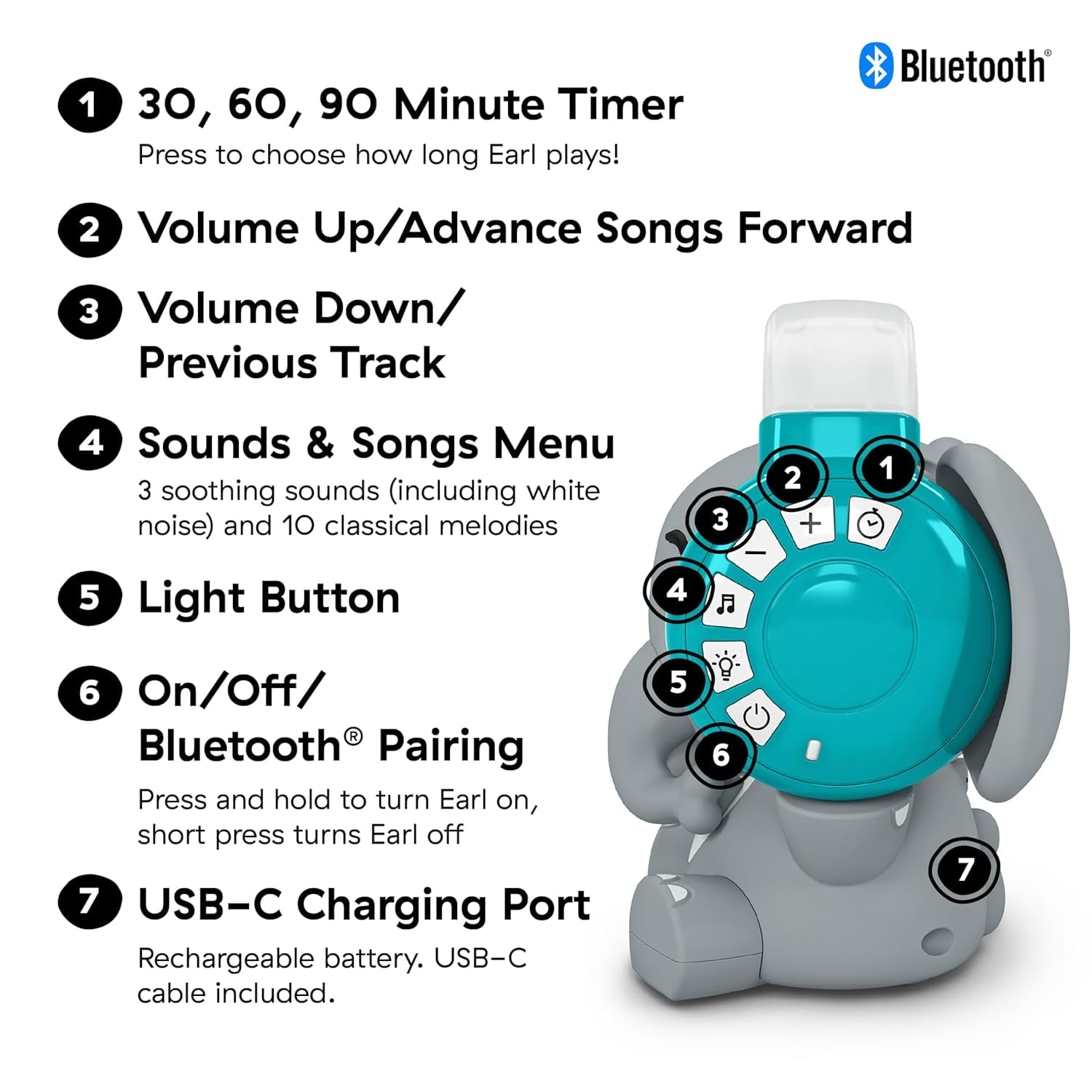 Baby Einstein Earl the Elephant Bluetooth-geluidsmachine, muzieksysteem + nachtlampje, baby- tot peuterspeelgoed Bebe Naty Shop