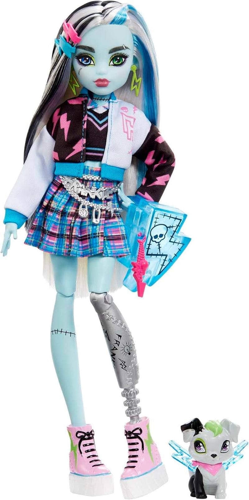 Monster High Frankie Stone-pop in spijkerjasje en korte broek, inclusief hondenhoedje en accessoires zoals een rugzak, snack en notitieboekje, HXH73 Naty Shop-poppen Opwindende mode