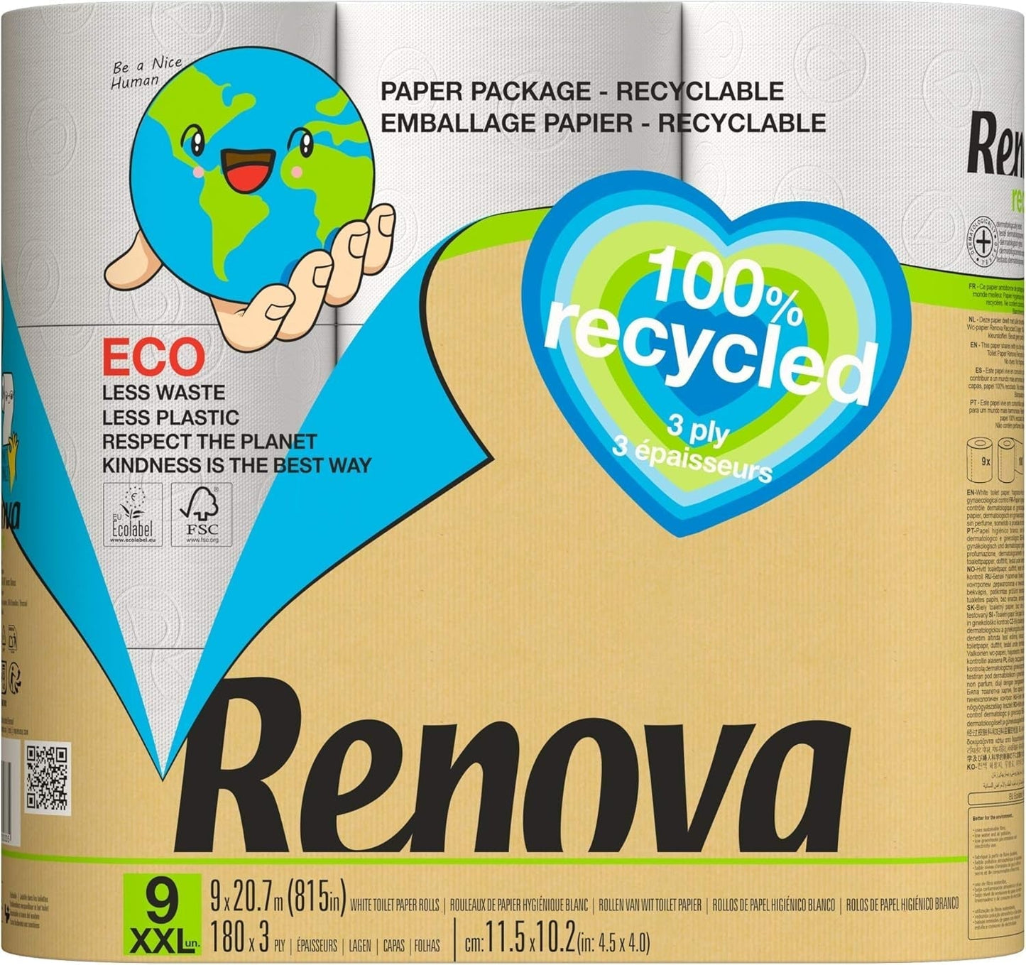 Renova 100% GERECYCLED toiletpapier 9 rollen, wit, normaal