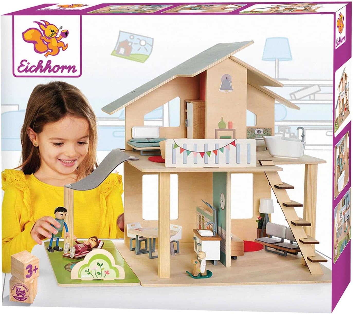 Eichhorn - Poppenhuis met accessoires - incl. meubilair en 3 figuren, ongemonteerd, houten, 25 stuks, 53x36x44 cm, vanaf drie jaar