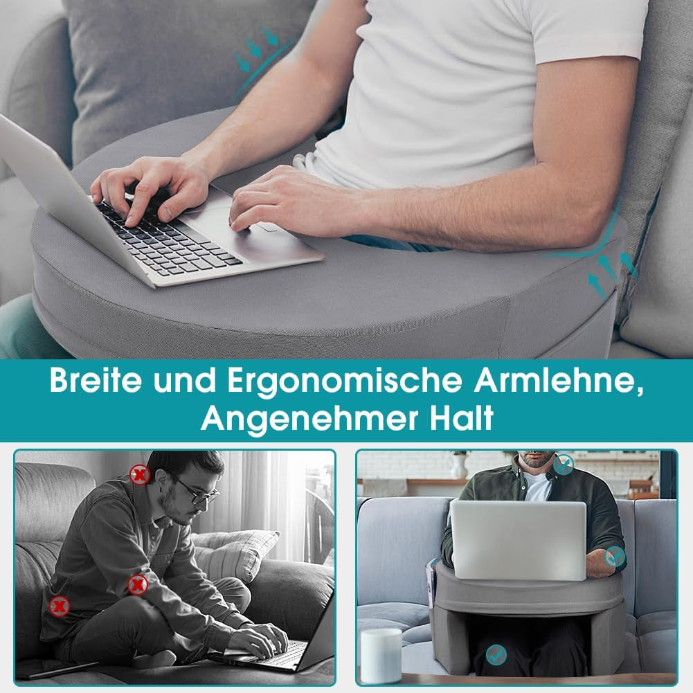 Leeskussen voor bed en bank, gaming-schootkussen, laptop-schootkussen, gamingkussen met armen en zijvak, voor volwassenen die spelen, lezen, tv kijken, gamen op de bank