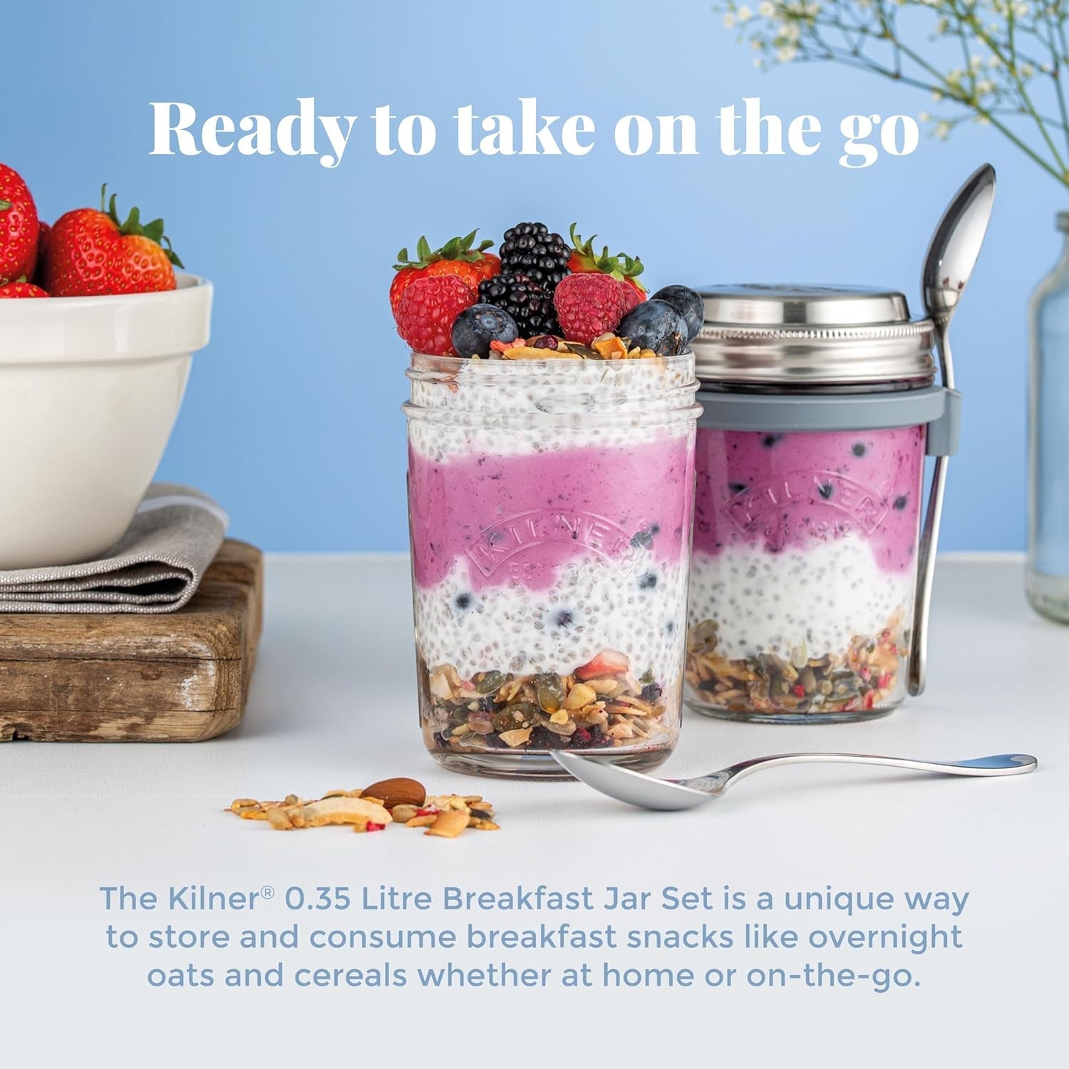 Kilner ontbijtpotje met lepel / 350 ml, Ø 9,5 cm / 5 stuks | mueslibeker voor meeneemmaaltijden / niet giftig / glazen container met deksel voor muesli, pap en yoghurt / container voor nachtelijke haver Naty Shop voedselbewaardozen
