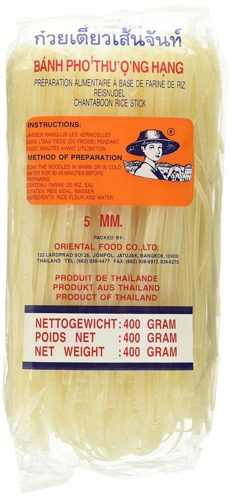 Rijstnoedels - Thaise, 5 mm brede rijstlintnoedels, gemaakt van rijstmeel - 17 x 400 g