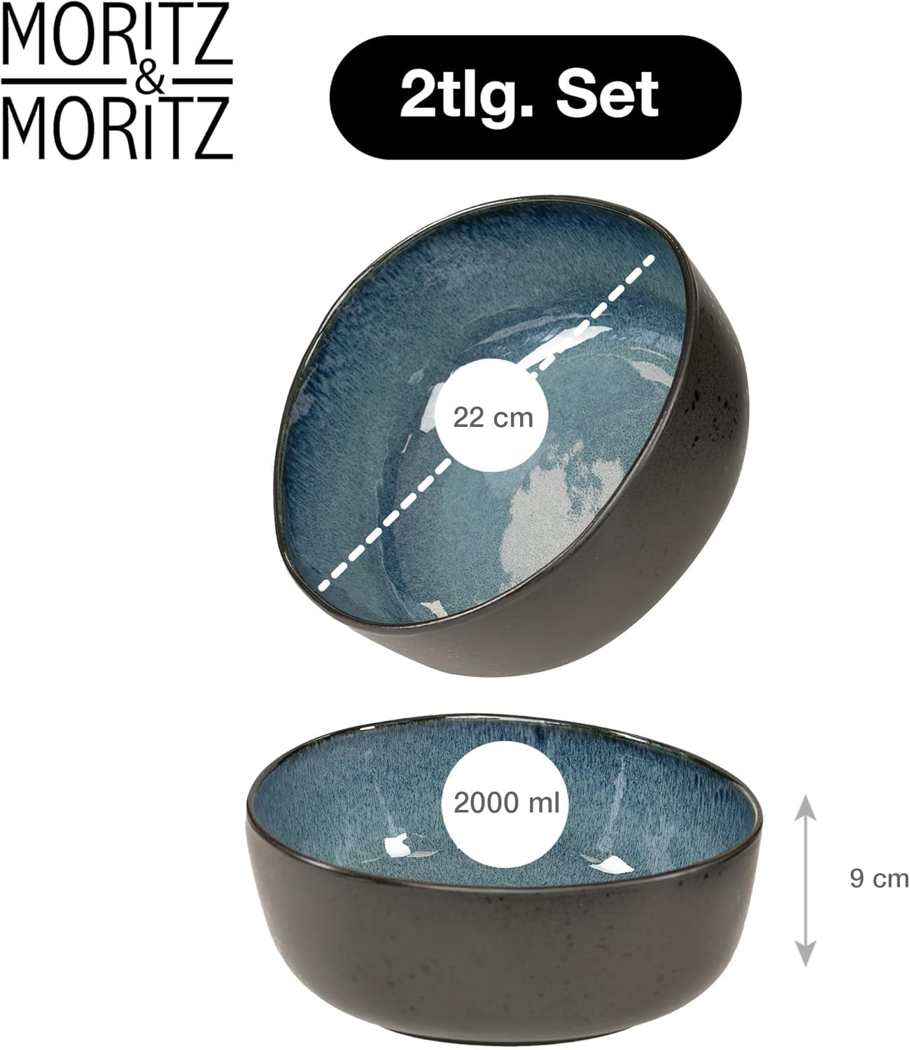 Moritz & Moritz BIOLOGISCH Serveerkommenset, Blauw - 2 grote hoogwaardige steengoedkommen, modern en tijdloos, magnetron- en vaatwasmachinebestendig - perfect voor salades, pasta, snacks en meer