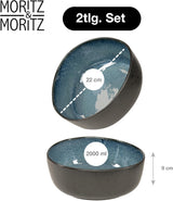 Moritz & Moritz BIOLOGISCH Serveerkommenset, Blauw - 2 grote hoogwaardige steengoedkommen, modern en tijdloos, magnetron- en vaatwasmachinebestendig - perfect voor salades, pasta, snacks en meer