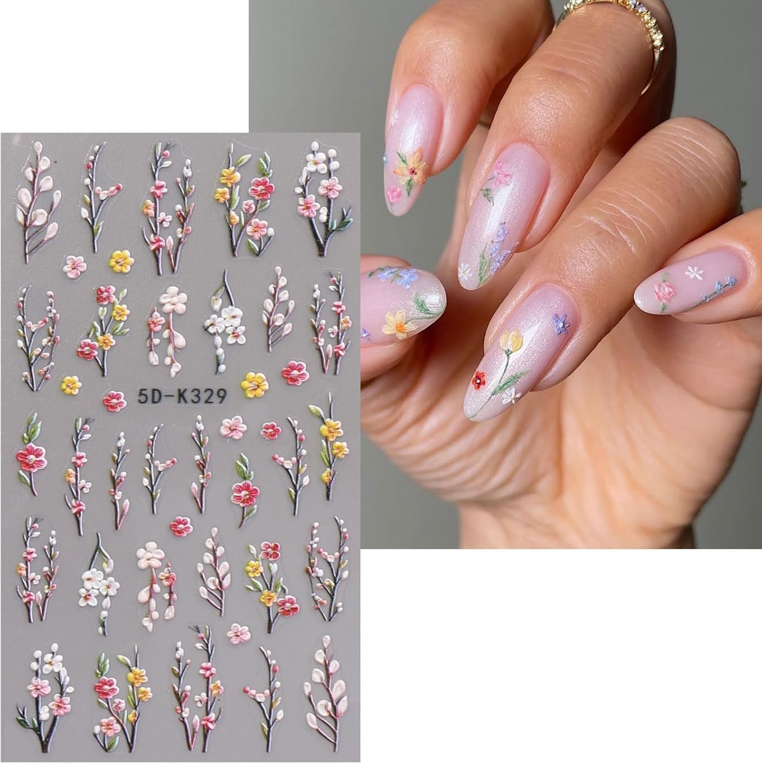 JMEOWIO 3D Nagelsticker Blumen Nail Art Sticker Selbstklebend Nagelaufkleber 5D Stereoskopisch Kruiden Blumen Decoratie Nageldesign Zubehör 4 Blatt