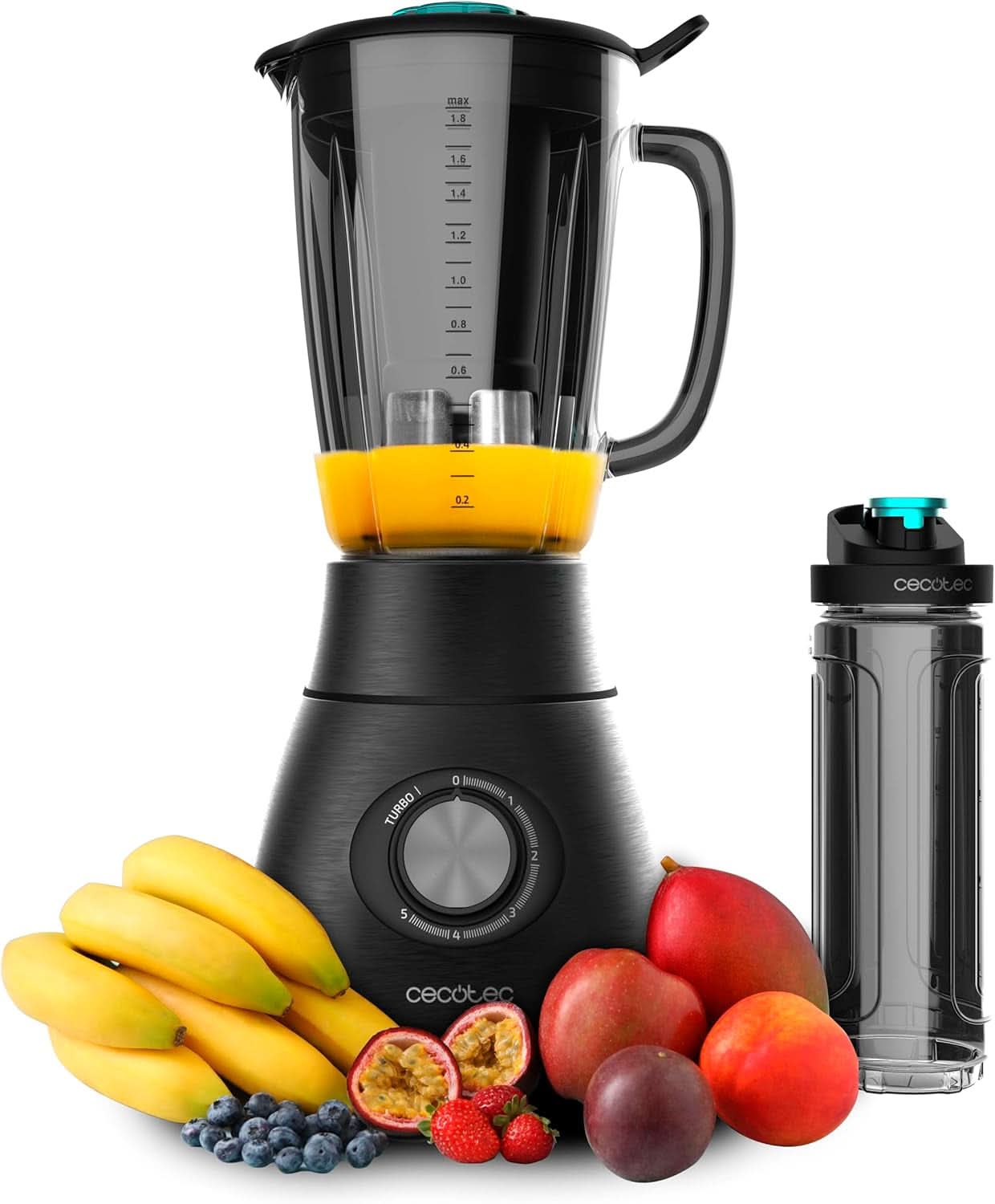 Cecotec Standmixer Power Zwart Titanium 2200MAX Glad, 2200 W Maximale Leistung, 6 Klingen Aus Edelstahl, Ice-Crush-Funktion, Turbo- en Smoothie-Funktion, Autoclean-Funktion Keuken Naty Shop Schwarz 2500 W | 1,8 L + Flasche-trekking