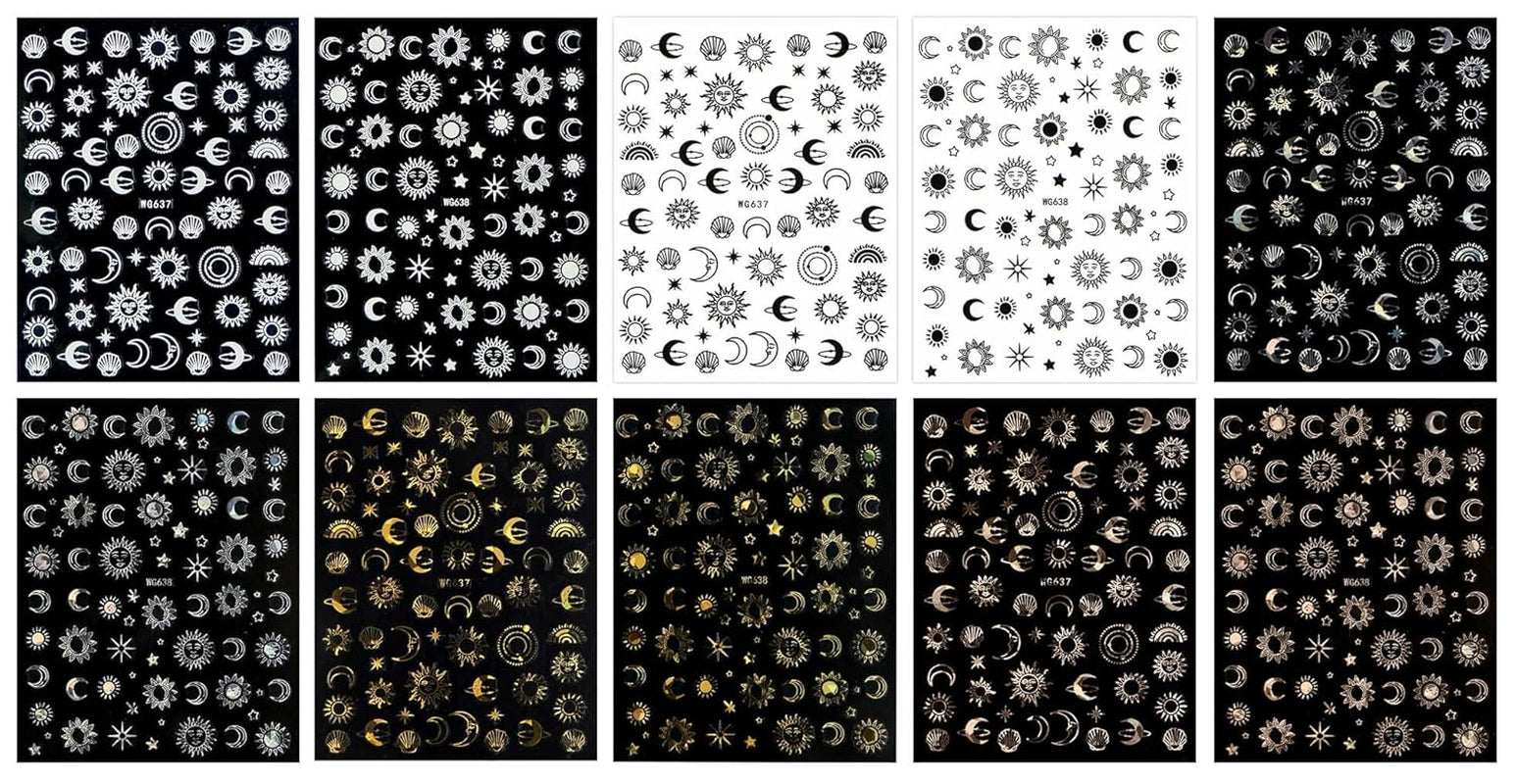 JMEOWIO Nagelsticker Mond Stern Sonne 10 Blatt Nail Art Sticker Selbstklebend Nagelaufkleber Bunt Decoratie Nageldesign Zubehör