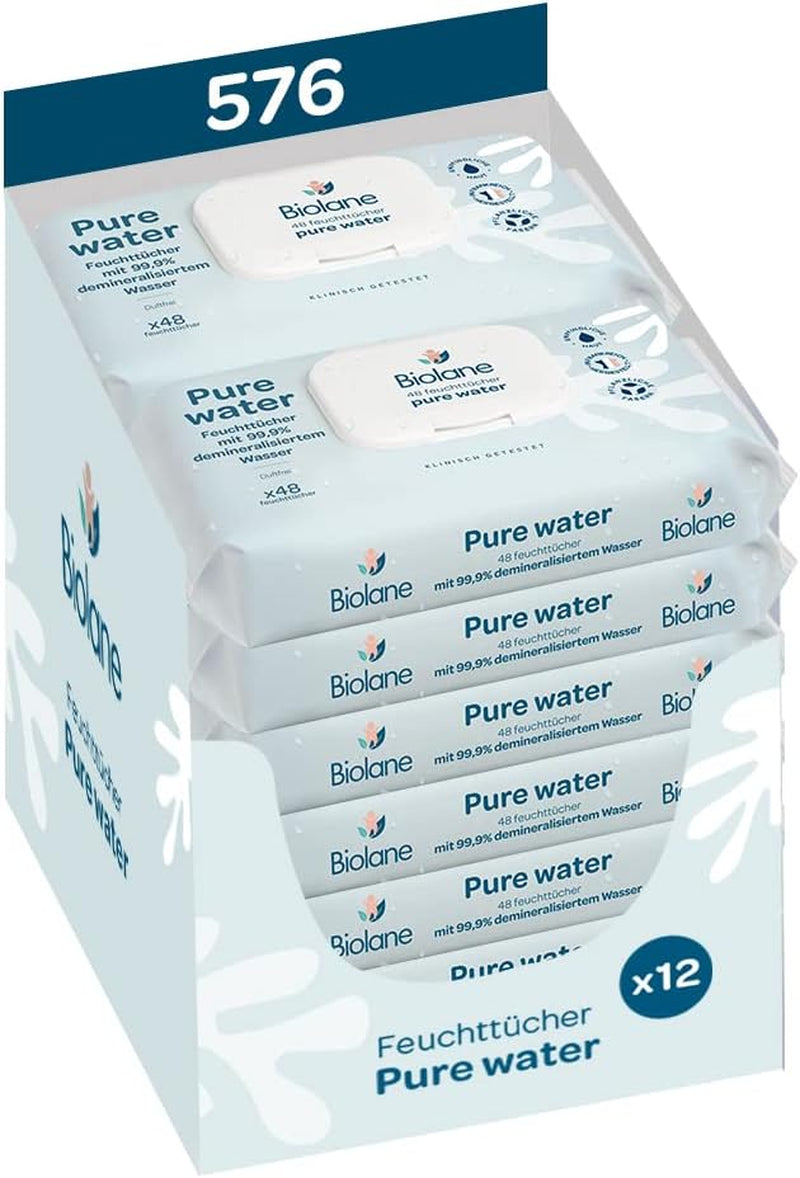 BIOLANE - Natte babydoekjes met 99,9% water - Zuiver water - 12 x 48 stuks (576 doekjes) - Voor de gevoelige huid - Vanaf de geboorte - Geurvrij - Zorg voor het verschonen en schoonmaken van baby's