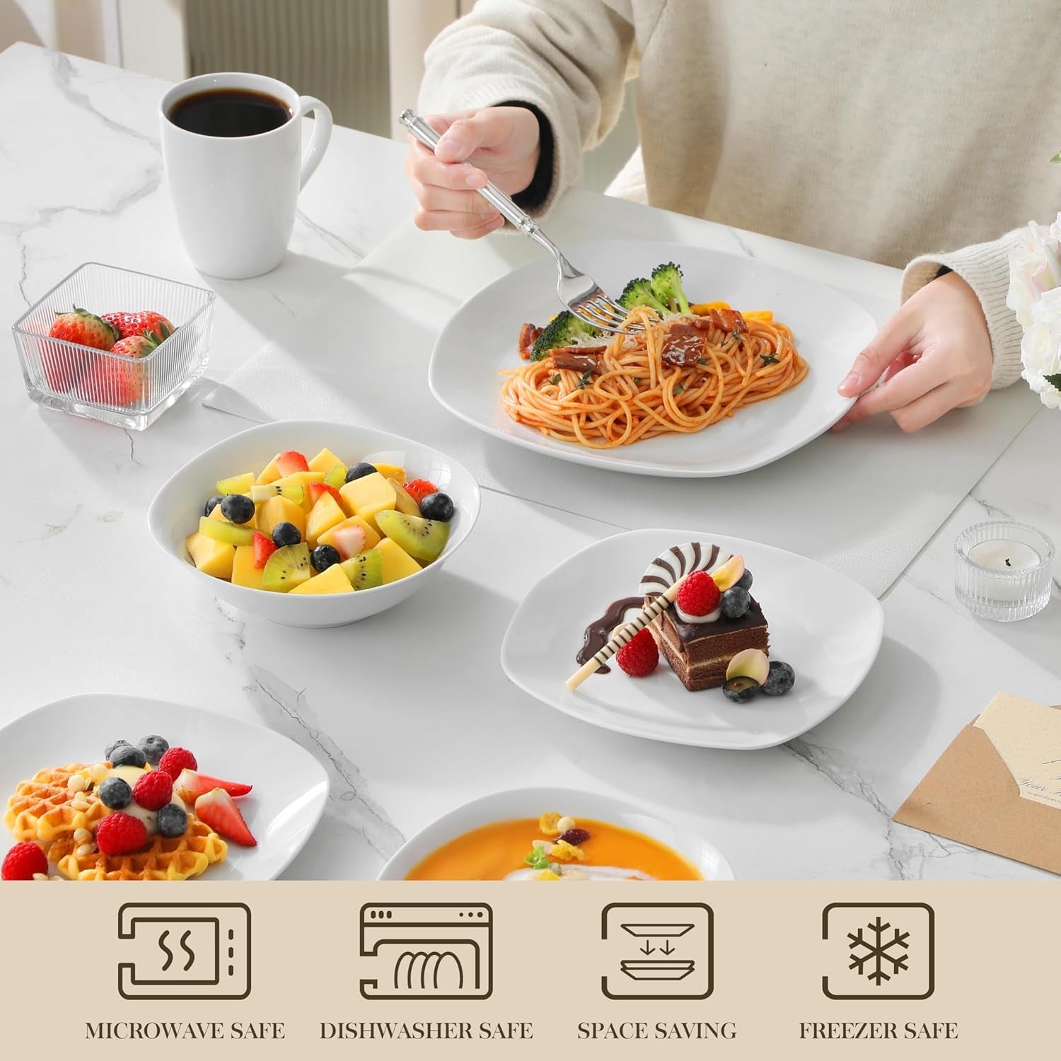 MALACASA Serviesset voor 4 personen, 16-delig wit porseleinen servies, moderne serviesset met 4 dinerborden, dessertborden, Suma-borden en kopjes, ELISA-serie