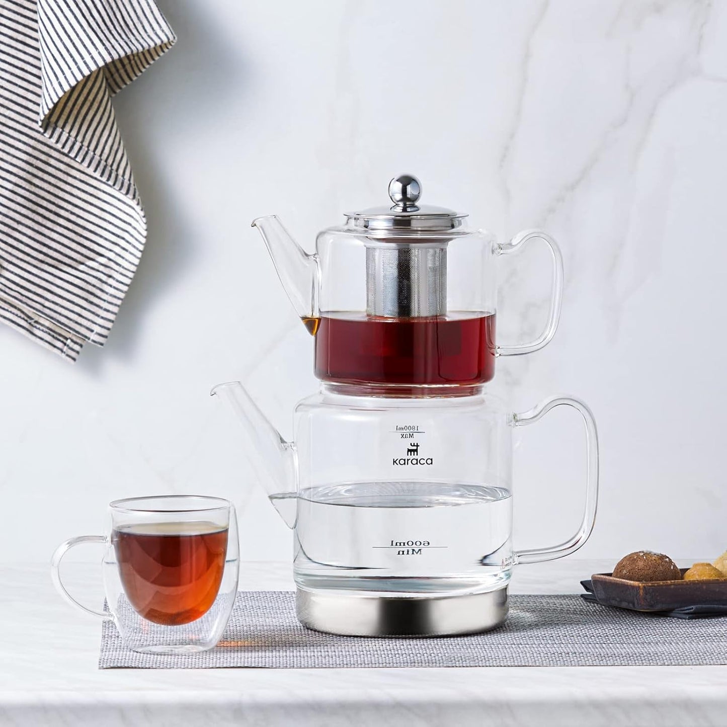 Karaca Dora Borosilicaatglas ketelset met roestvrijstalen thee-ei, 2L ketel en 1L glazen ketel met zetgroep, Turkse ketel, Caydanlik, Turkse kruidentheemaker, losse thee, XL