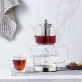 Karaca Dora Borosilicaatglas ketelset met roestvrijstalen thee-ei, 2L ketel en 1L glazen ketel met zetgroep, Turkse ketel, Caydanlik, Turkse kruidentheemaker, losse thee, XL
