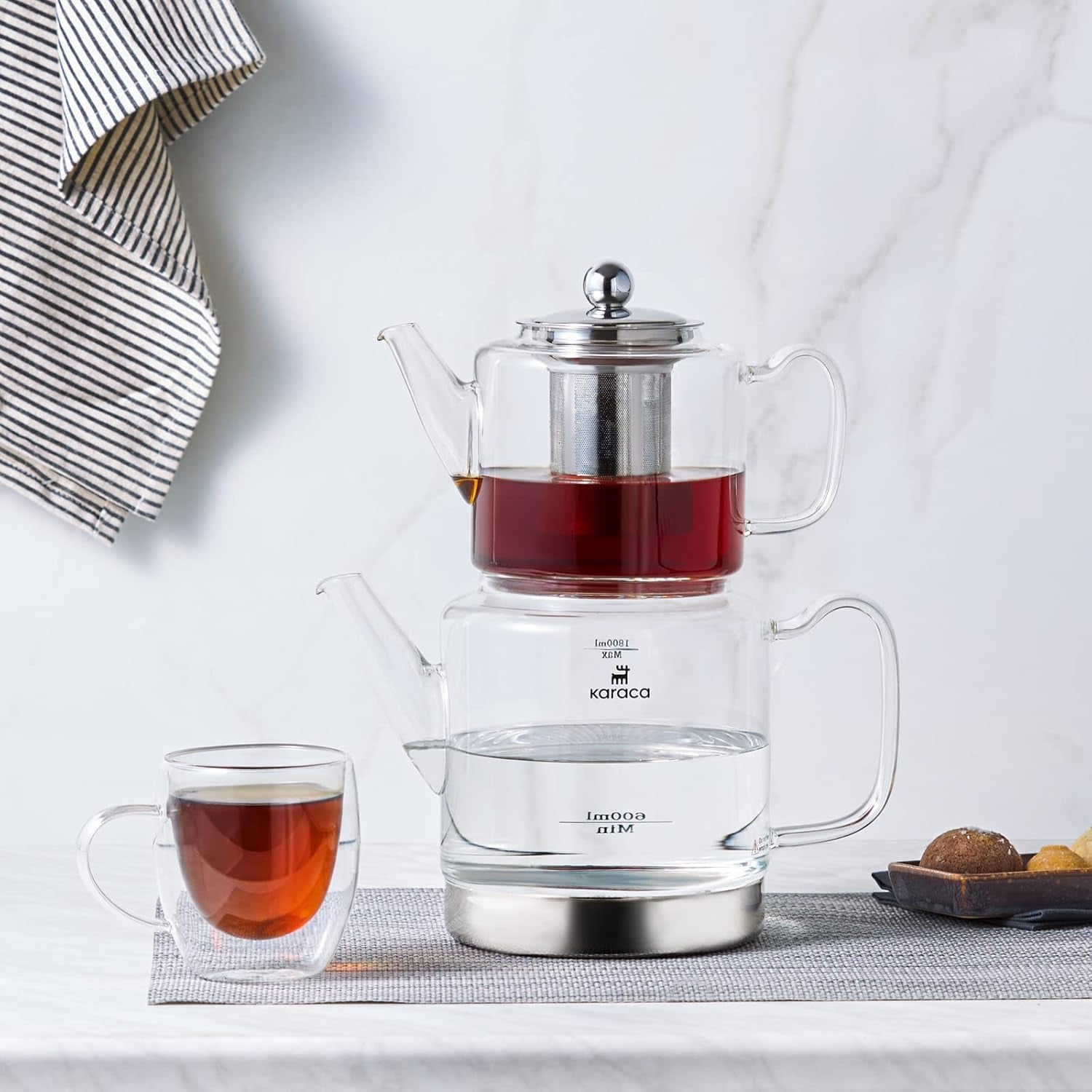 Karaca Dora Borosilicaatglas ketelset met roestvrijstalen thee-ei, 2L ketel en 1L glazen ketel met zetgroep, Turkse ketel, Caydanlik, Turkse kruidentheemaker, losse thee, XL